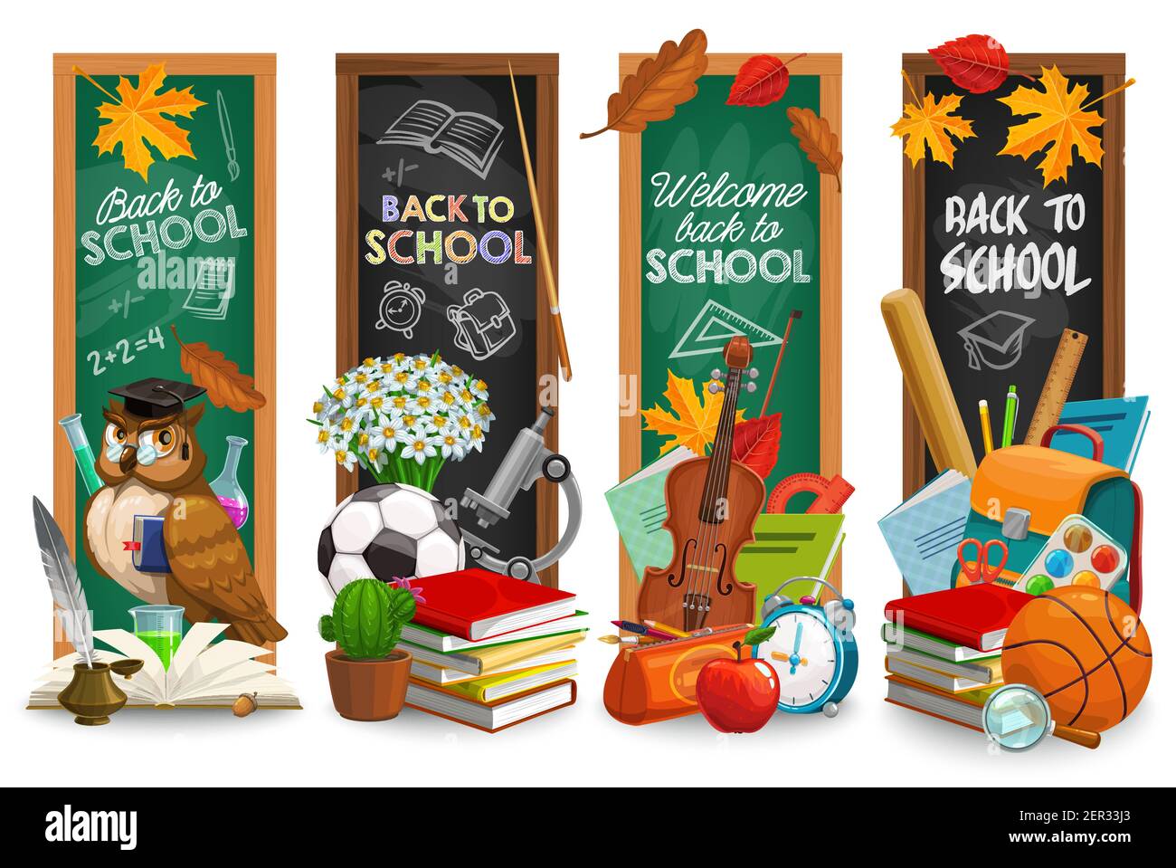 Tableau noir éducatif avec texte de retour à l'école vecteur bannières de dessin animé ensemble. Tableaux noirs et verts avec papeterie d'apprentissage. Livres, plumes pe Illustration de Vecteur