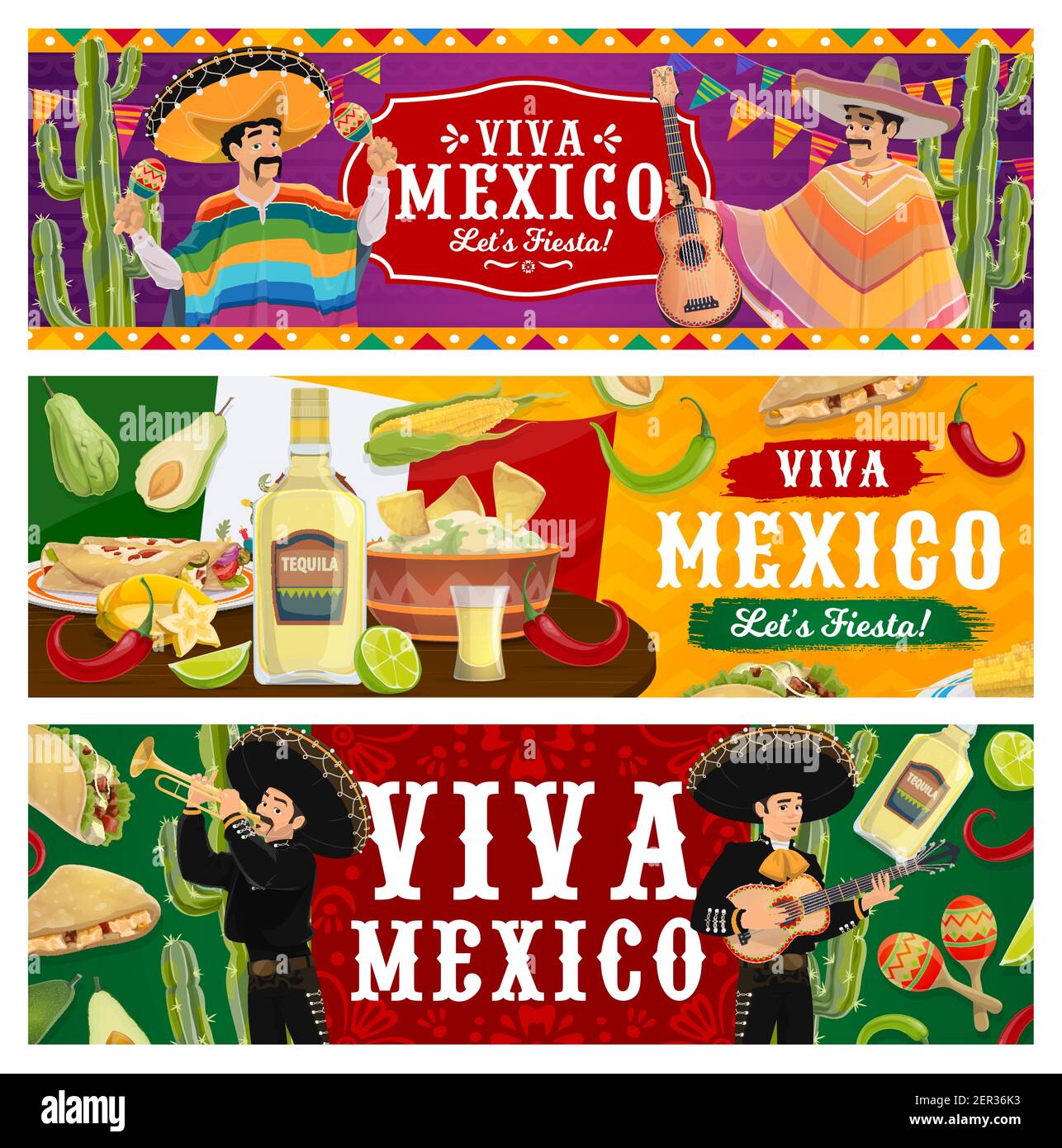 Bannières vectorielles Viva Mexico, fiesta Party. Musiciens de Mariachi dans sombrero et poncho jouant de la musique. Cuisine mexicaine piment jalapeno piments, guacamole avec Illustration de Vecteur
