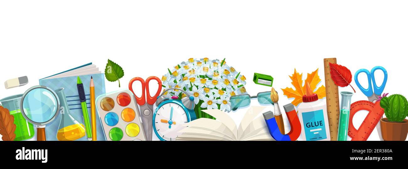 Bannière vecteur éducation avec bordure des fournitures scolaires. Livres pour étudiants, stylos et crayons, peinture, pinceau, ciseaux et flacons chimiques, règles, verres a Illustration de Vecteur