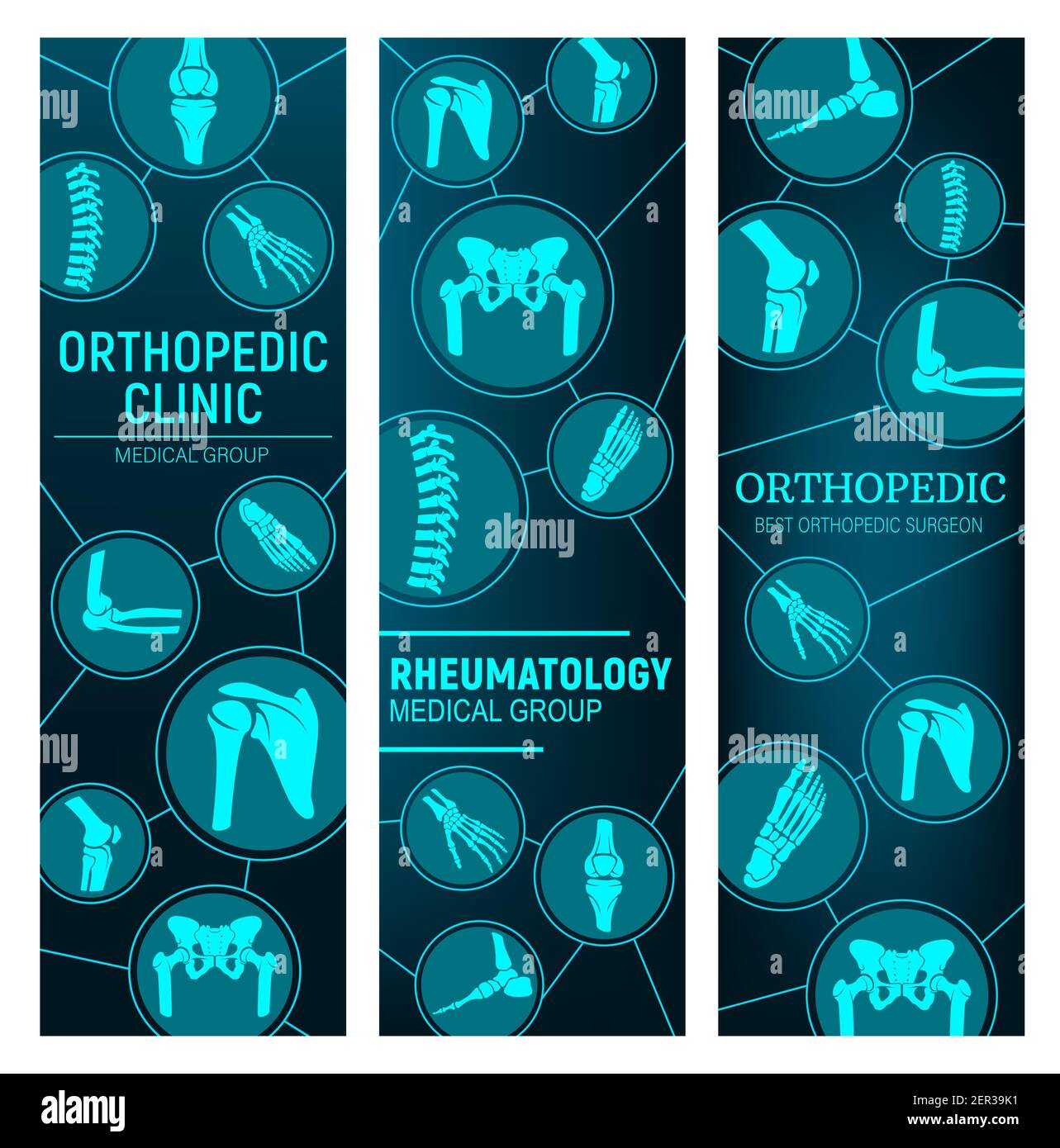 Orthopédie et rhumatologie, traitement des maladies articulaires. Rayons X des articulations du corps humain, colonne vertébrale, genou et hanche, bassin, épaule et pied, poignet, coude vectoriel. Illustration de Vecteur