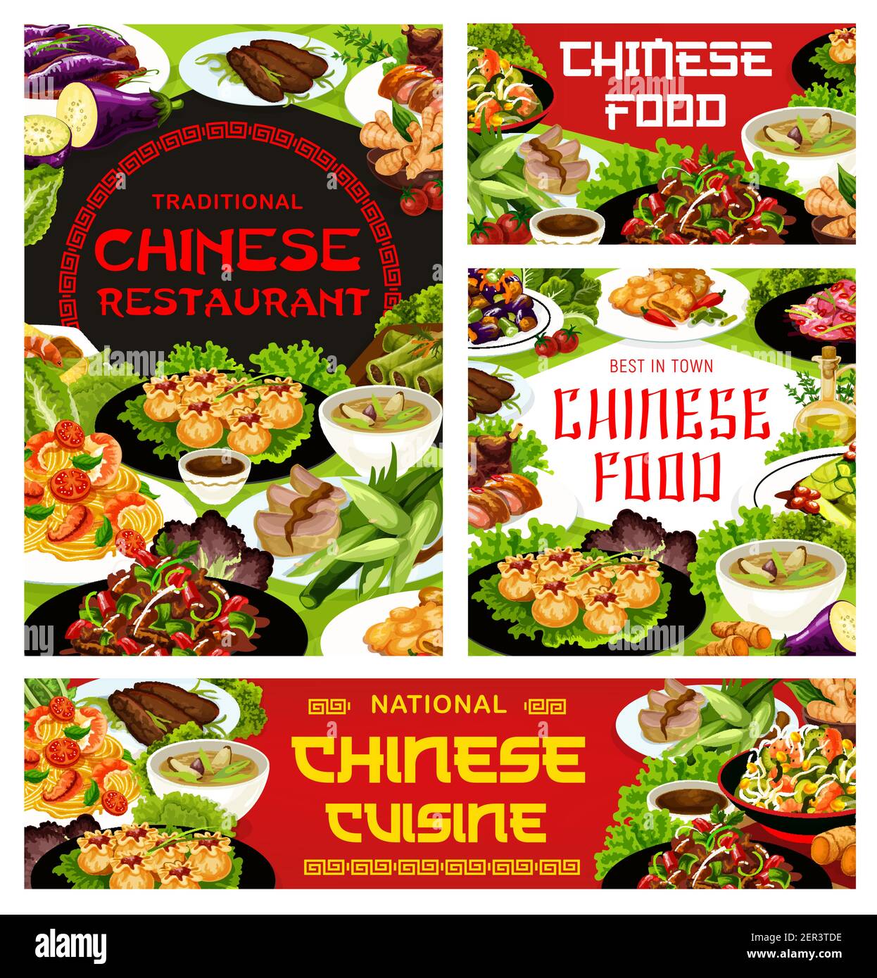 Cuisine chinoise restaurant plats bannière. Mélanger le bœuf frit, le wonton, les nouilles et la salade de funchoza avec les crevettes, la soupe aux légumes épicés, le canard de pékin et le canard Illustration de Vecteur