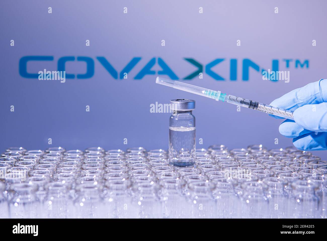 Toronto (Ontario), Canada - le 14 février 2021 : UN travailleur de la santé se prépare à administrer une dose du vaccin indien Covaxin. Le nom de la société est flou Banque D'Images