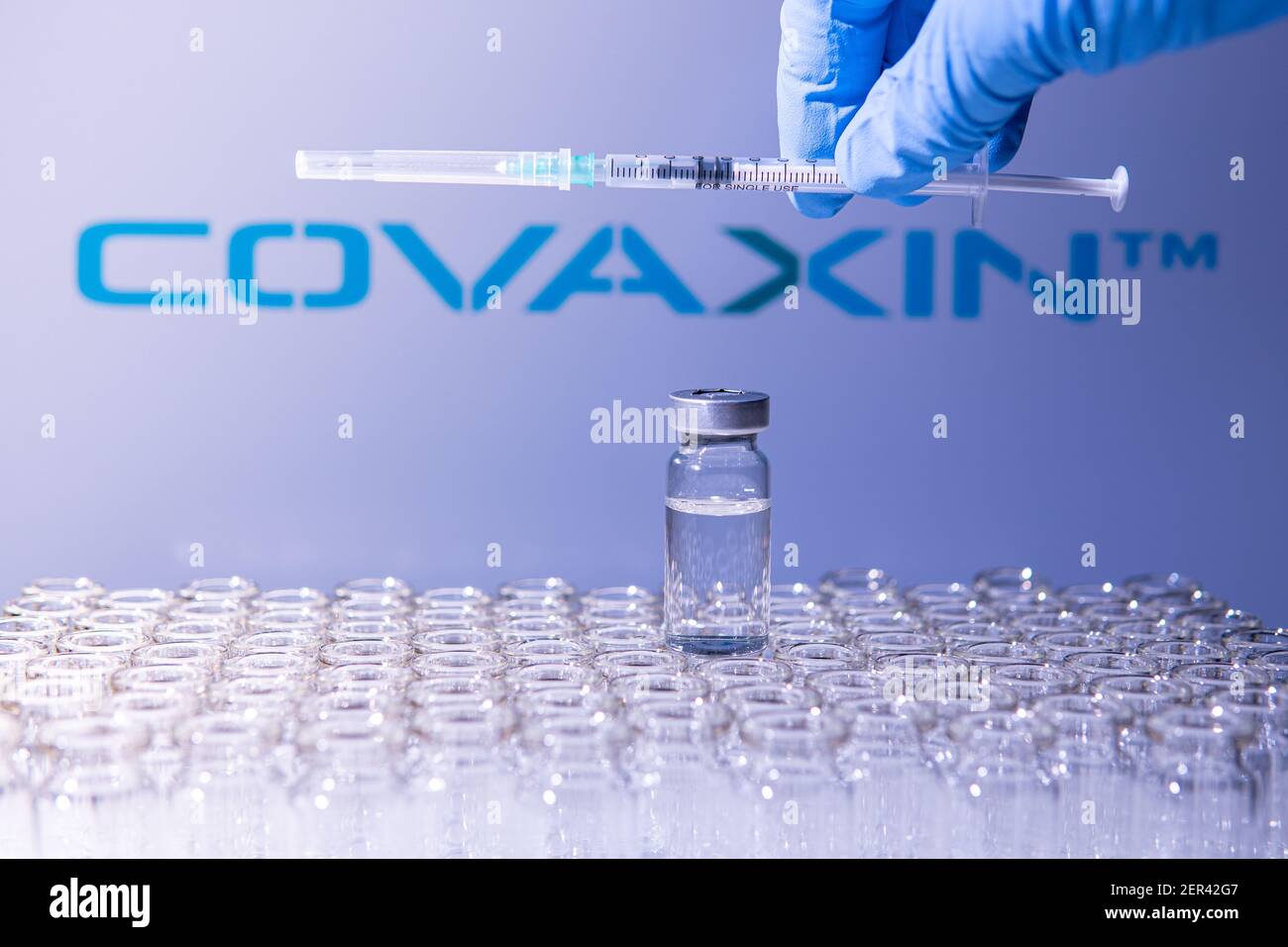 Toronto (Ontario), Canada - le 14 février 2021 : UN travailleur de la santé se prépare à administrer une dose du vaccin indien Covaxin. Le nom de la société est flou Banque D'Images