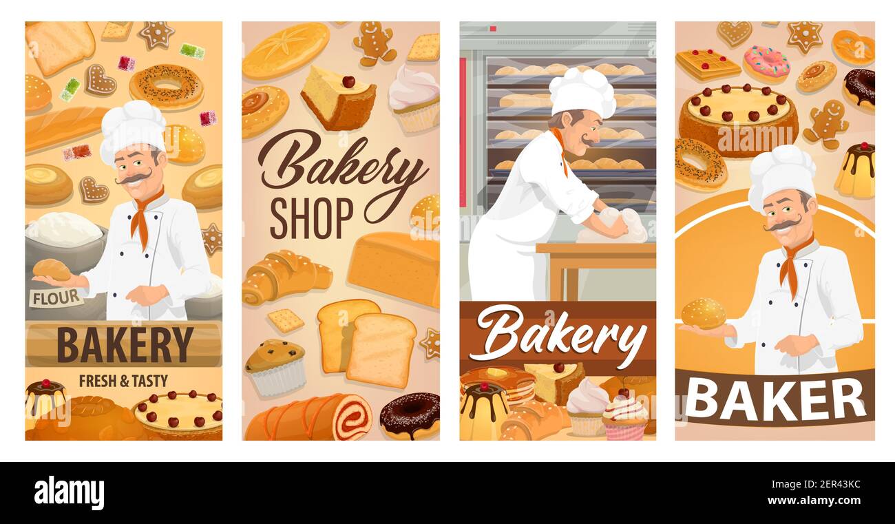 Boulanger Dans Un Magasin De Boulangerie Patisserie Bannieres Vectorielles De Pain Chef De Dessin Anime Dans La Pate A Petrir Toque La Cuisson Du Pain La Boulangerie Desserts Sucrees Gateaux Tartes Image