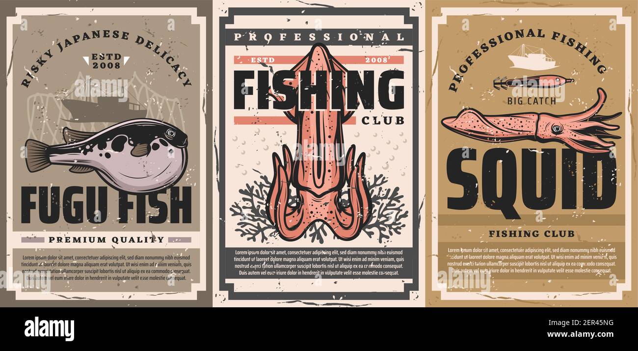 Affiches sur la pêche aux calmars et la délicatesse des fruits de mer. Poisson fugu et calmar frais, coraux et bateau, appât calmar et vecteur de fishnet. Restaurant de fruits de mer japonais, pr Illustration de Vecteur