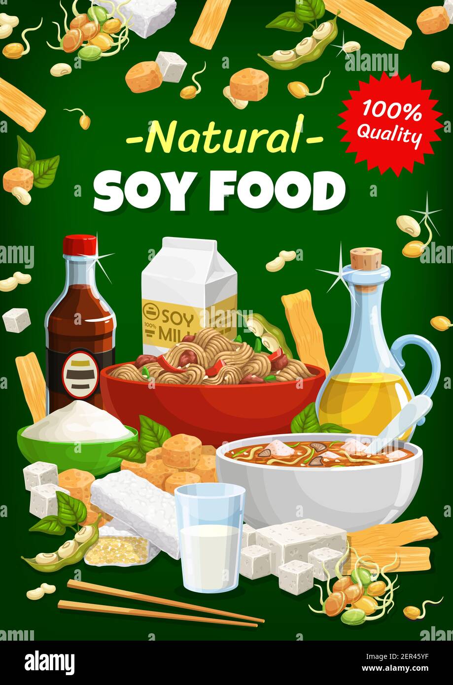 Aliments à base de soja et produits vecteurs naturels de soja. Cuisine  asiatique, soupe miso végétarienne et végétarienne avec sauce soja et tofu,  lait et huile de soja, flou Image Vectorielle Stock -
