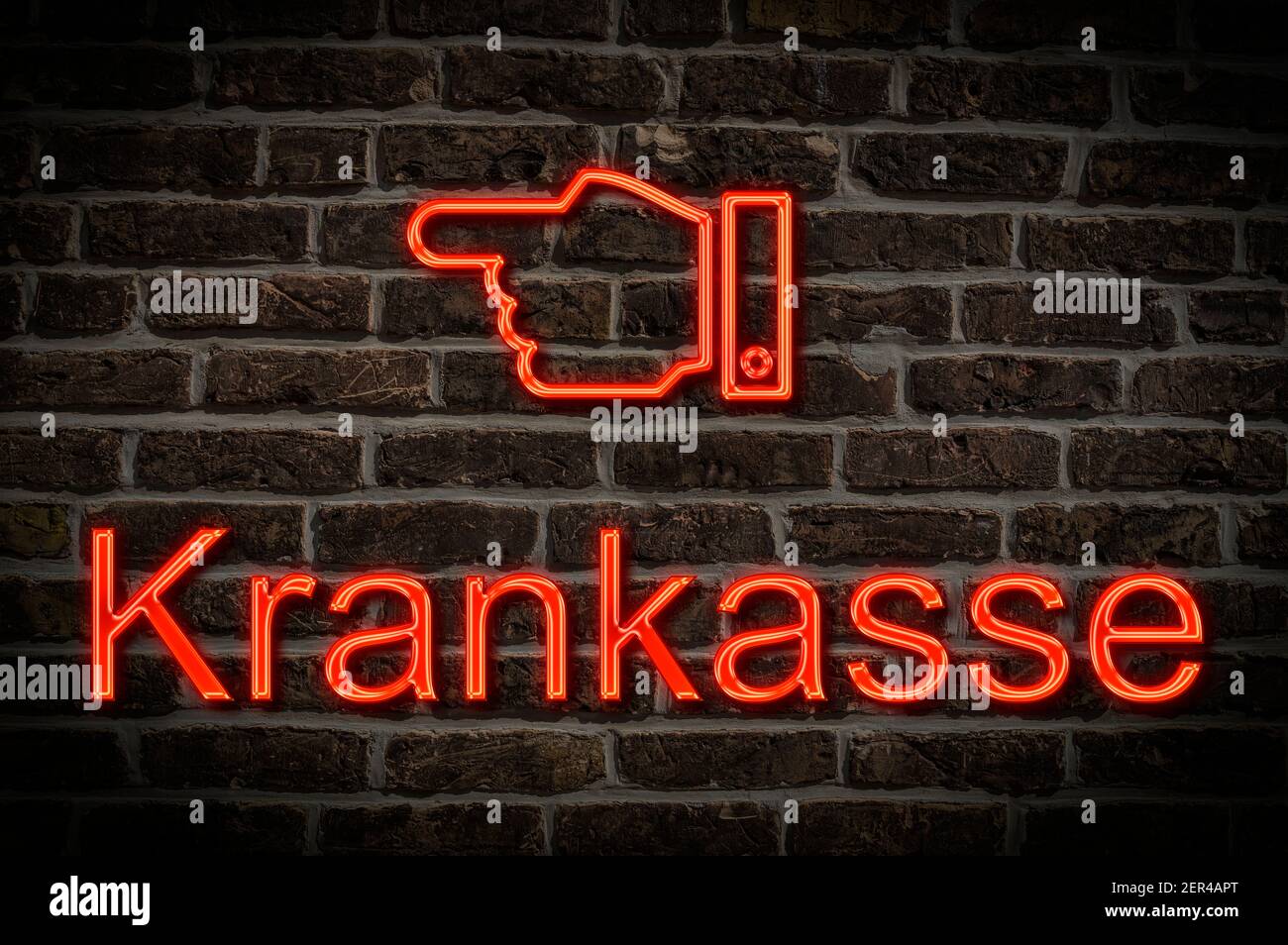 Photo détaillée d'un panneau néon sur un mur avec L'inscription Krankenkasse (compagnie d'assurance maladie) Banque D'Images