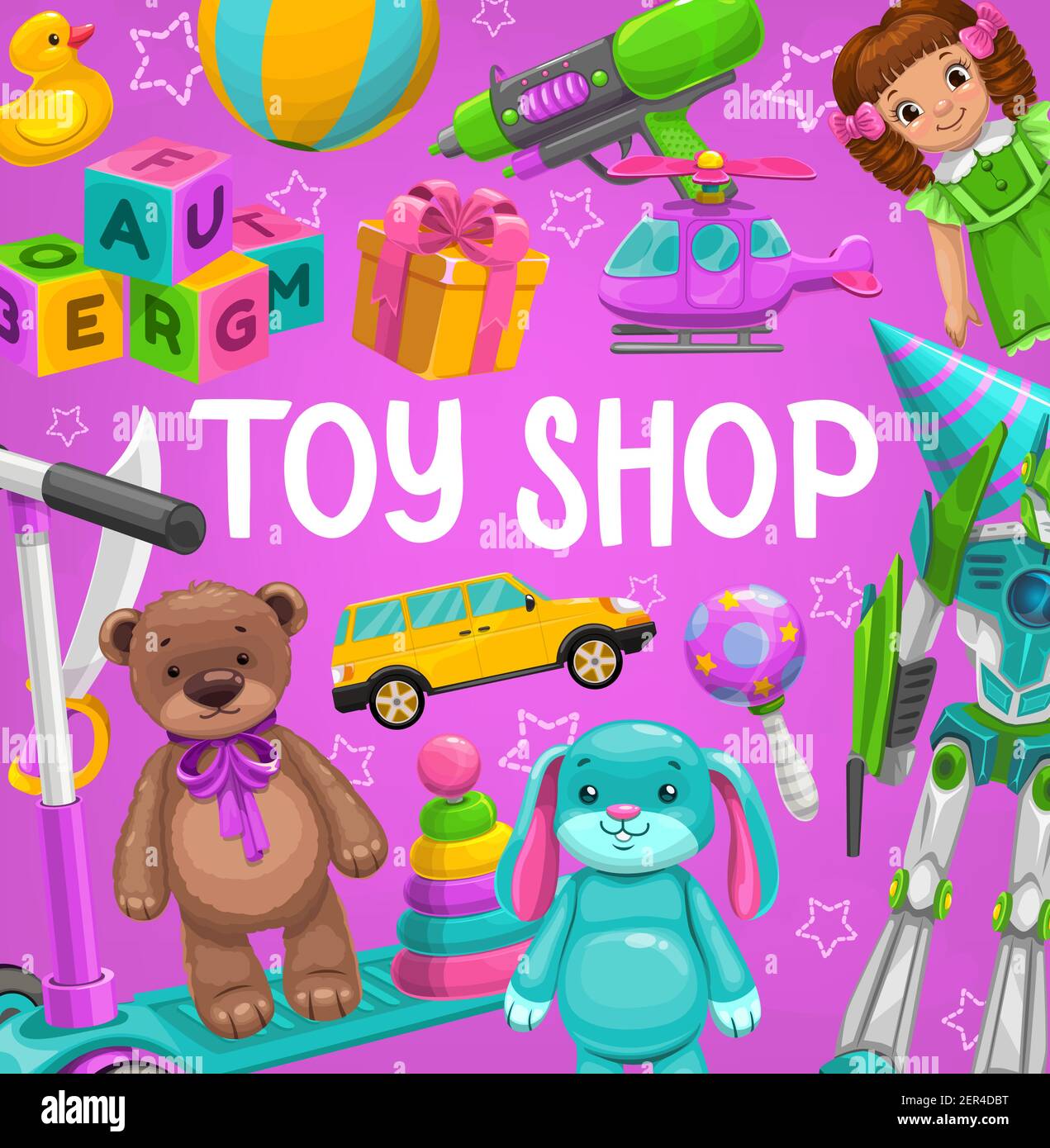 Magasin de jouets vecteur en caoutchouc canard, balle et pistolet à eau avec poupée, blocs cubes, boîte-cadeau et hélicoptère, scooter et voiture avec ours doux. Articles de jeu pour le magasin de bébé Illustration de Vecteur