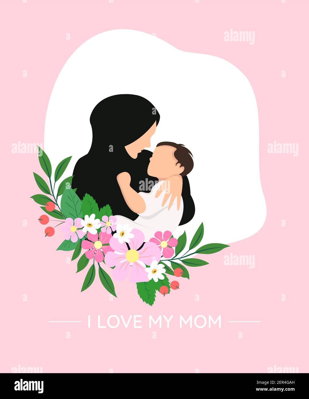 Mère et fils musulmans avec fleurs. Happy Mothers Day isolé sur fond blanc - Illustration vectorielle. Illustration de Vecteur