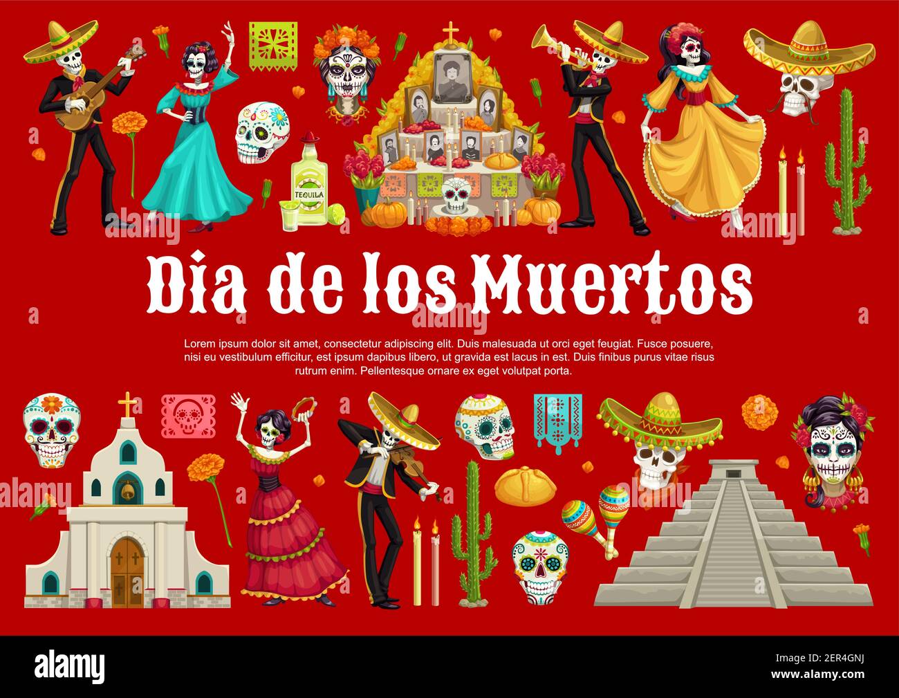 Jour des crânes de sucre morts et Catrina avec la bannière mexicaine Dia de los Muertos autel vecteur. Squelettes dansants avec sombreros, guitares et maracas, m Illustration de Vecteur