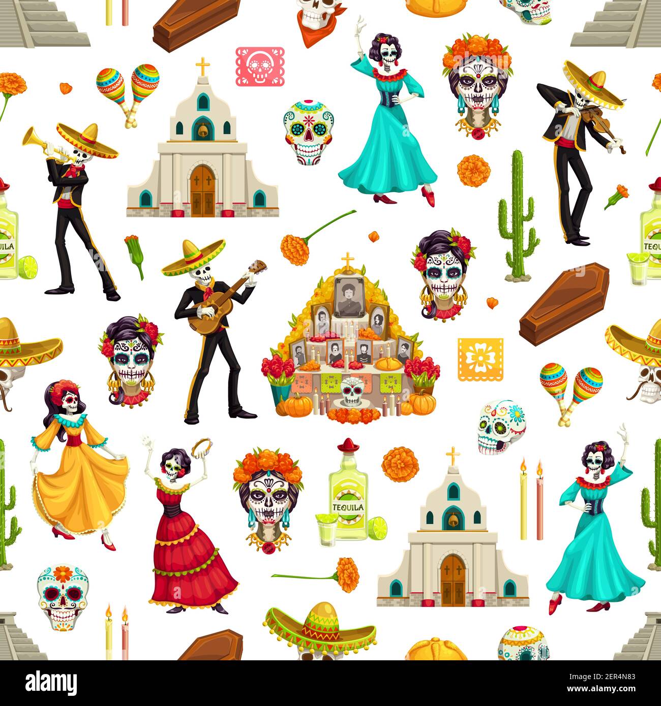 Motif sans coutures Day of Dead Sugar Skulls, marigolds et sombreros. Dia de los Muertos vecteur fond de mariachi et danseur flamenco squelettes avec humour Illustration de Vecteur