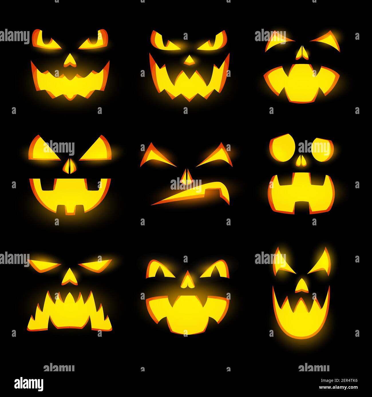 La citrouille lumineuse effrayante fait face à des icônes vectorielles isolées, des émoticônes de monstres d'Halloween, des émoticônes de lanternes de citrouilles, des expressions en colère et lugueuses, un mal effrayant et lugubre Illustration de Vecteur