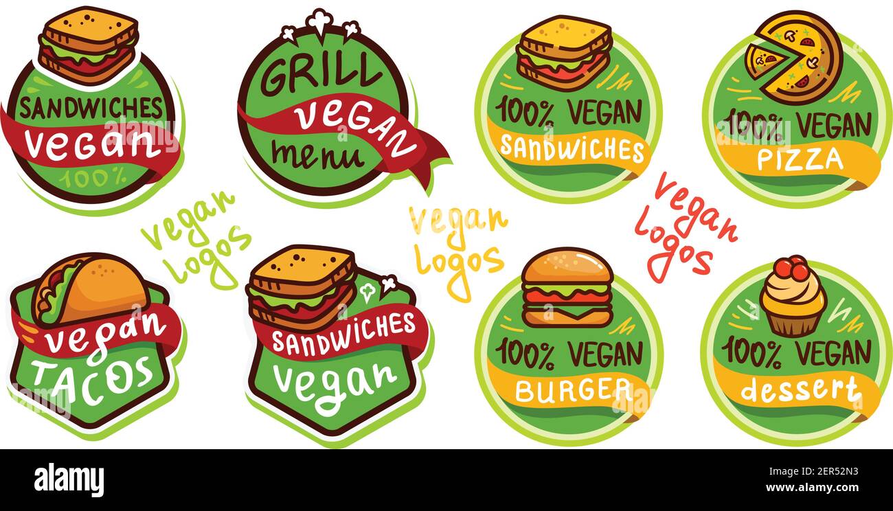 Menu d'autocollants de l'icône du logo de la restauration rapide vegan. Illustration vectorielle isolée sur fond blanc. Illustration de Vecteur