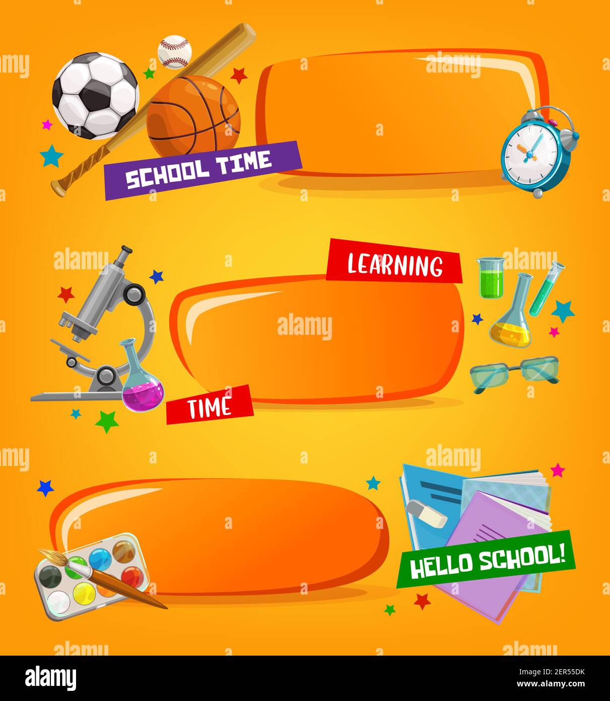 Bannières scolaires, cadres éducatifs vectoriels avec équipement d'étude de dessins animés et papeterie balles de sport, chauve-souris et réveil. Microscope pour outils d'apprentissage, Illustration de Vecteur