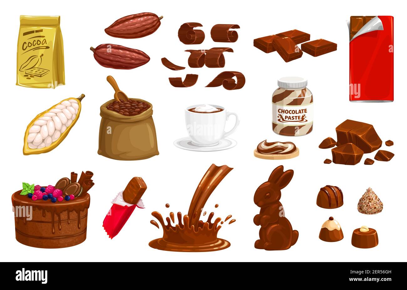 Chocolat, barres de production de chocolat vecteur cacao, dessert sucré lapin et éclaboussures. Truffe, bonbons et boisson chaude, haricots dans un sac, emballage au détail et Illustration de Vecteur
