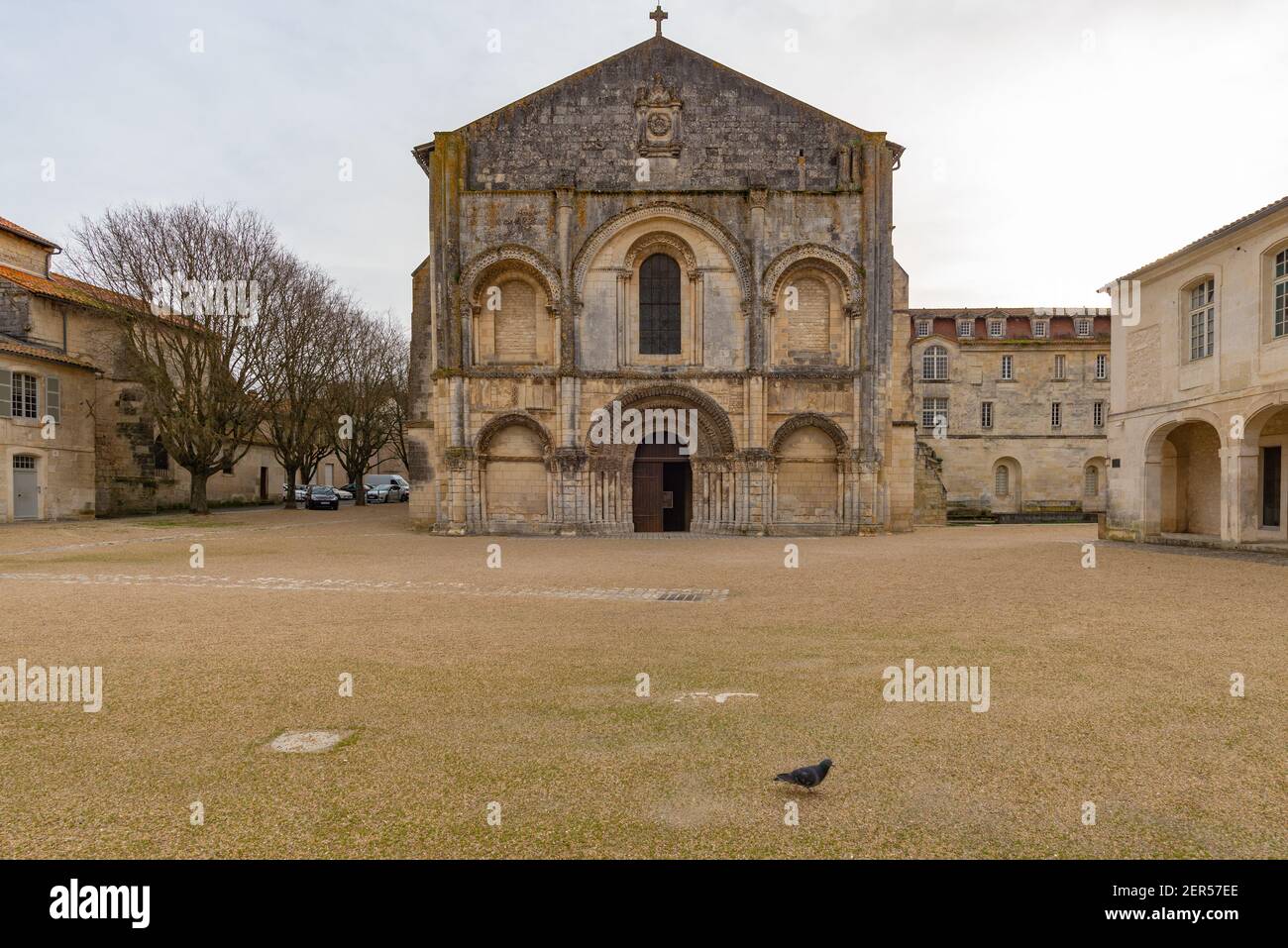 L'entrée principale de l'Abbaye aux Dames à Saintes, France sans personne mais avec un pigeon en premier plan Banque D'Images