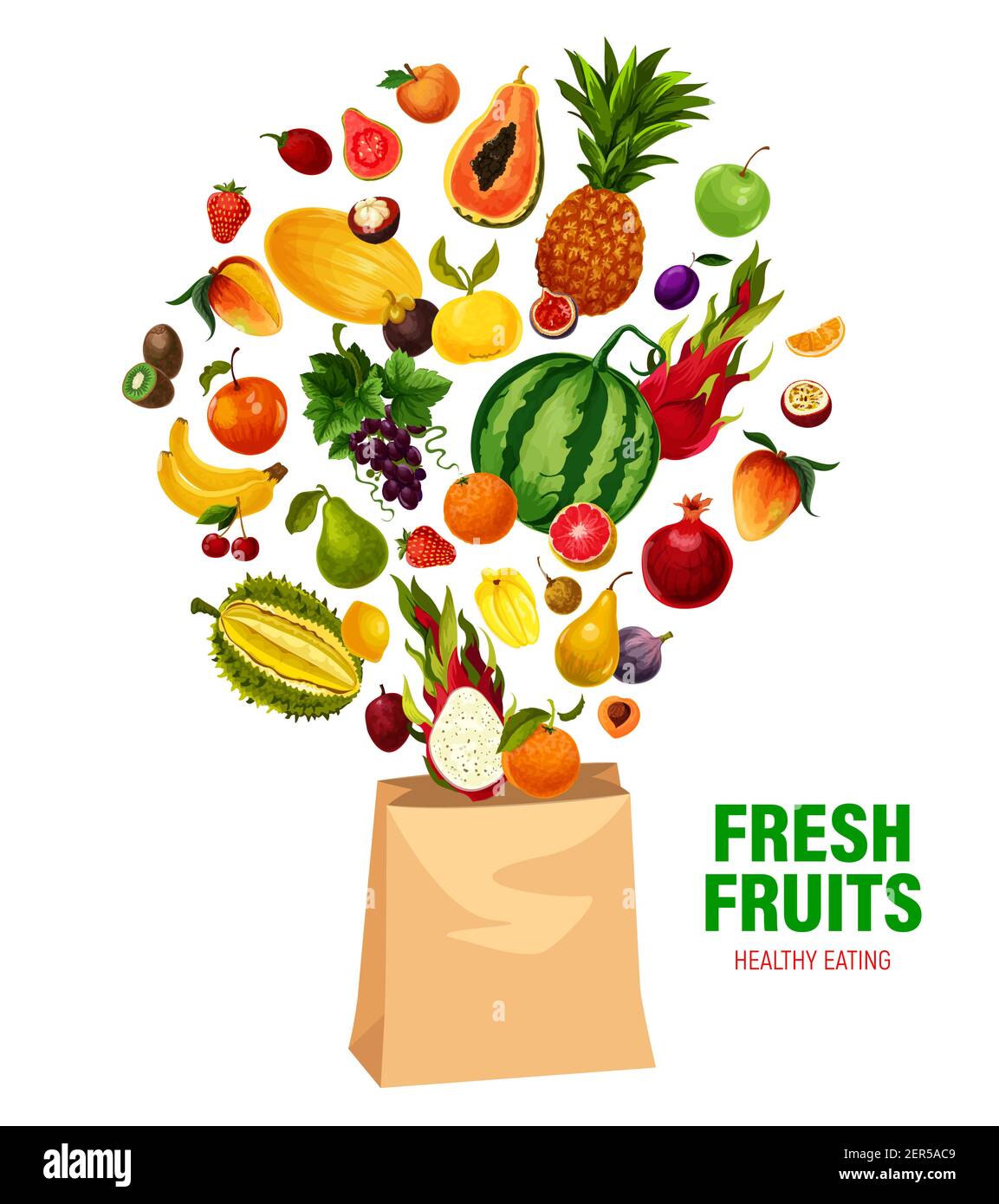 Fruits frais vecteur saine alimentation dans le sac de shopping. Jardin de dessins animés et fruits exotiques tropiques durian, pastèque et ananas, pêche et papaye. Tropique Illustration de Vecteur