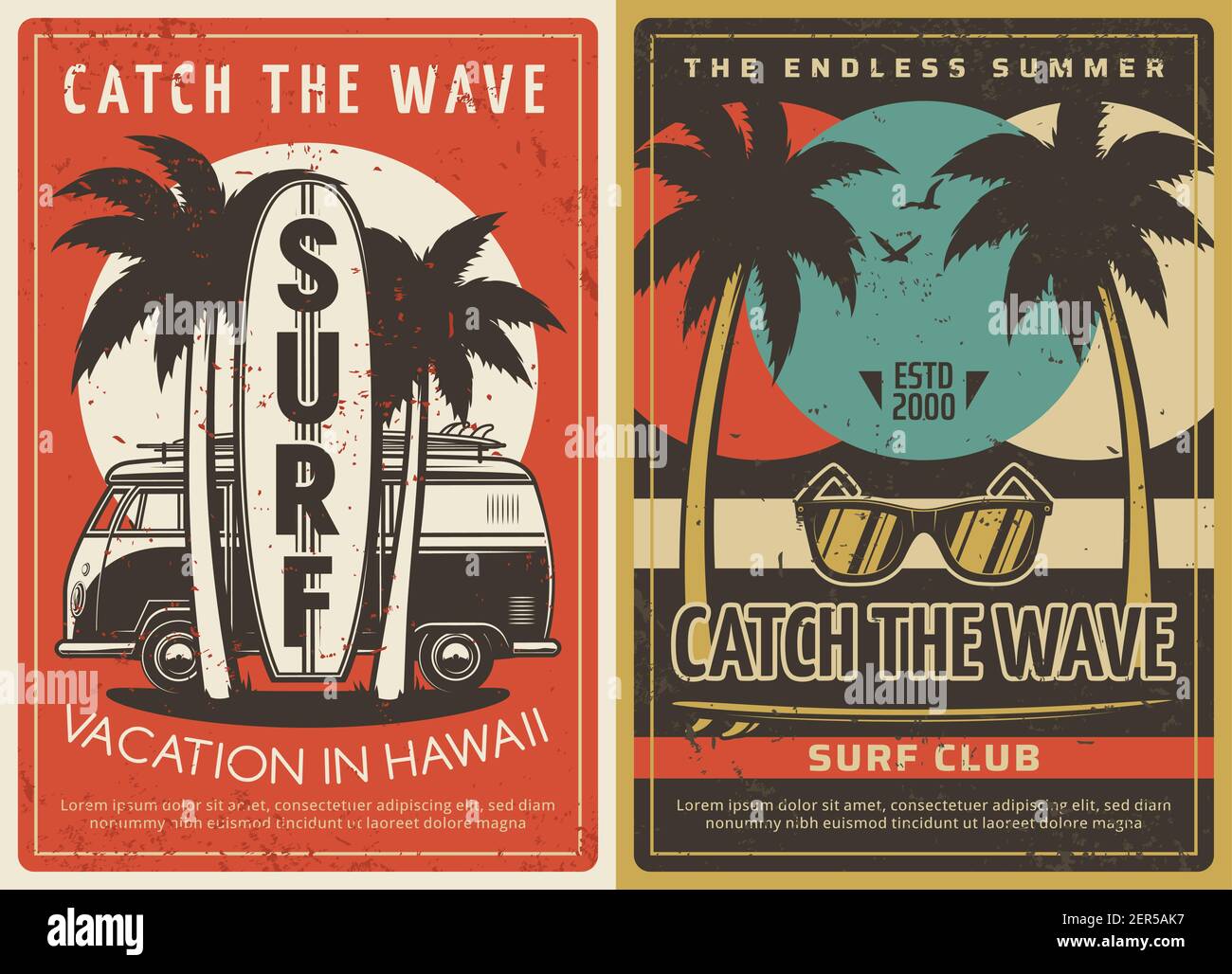 Vacances à Hawaï et affiches rétro du club de surf. Vieille fourgonnette sous les palmiers, planches de surf et lunettes de plage gravure vecteur. Activité vacances d'été, s Illustration de Vecteur