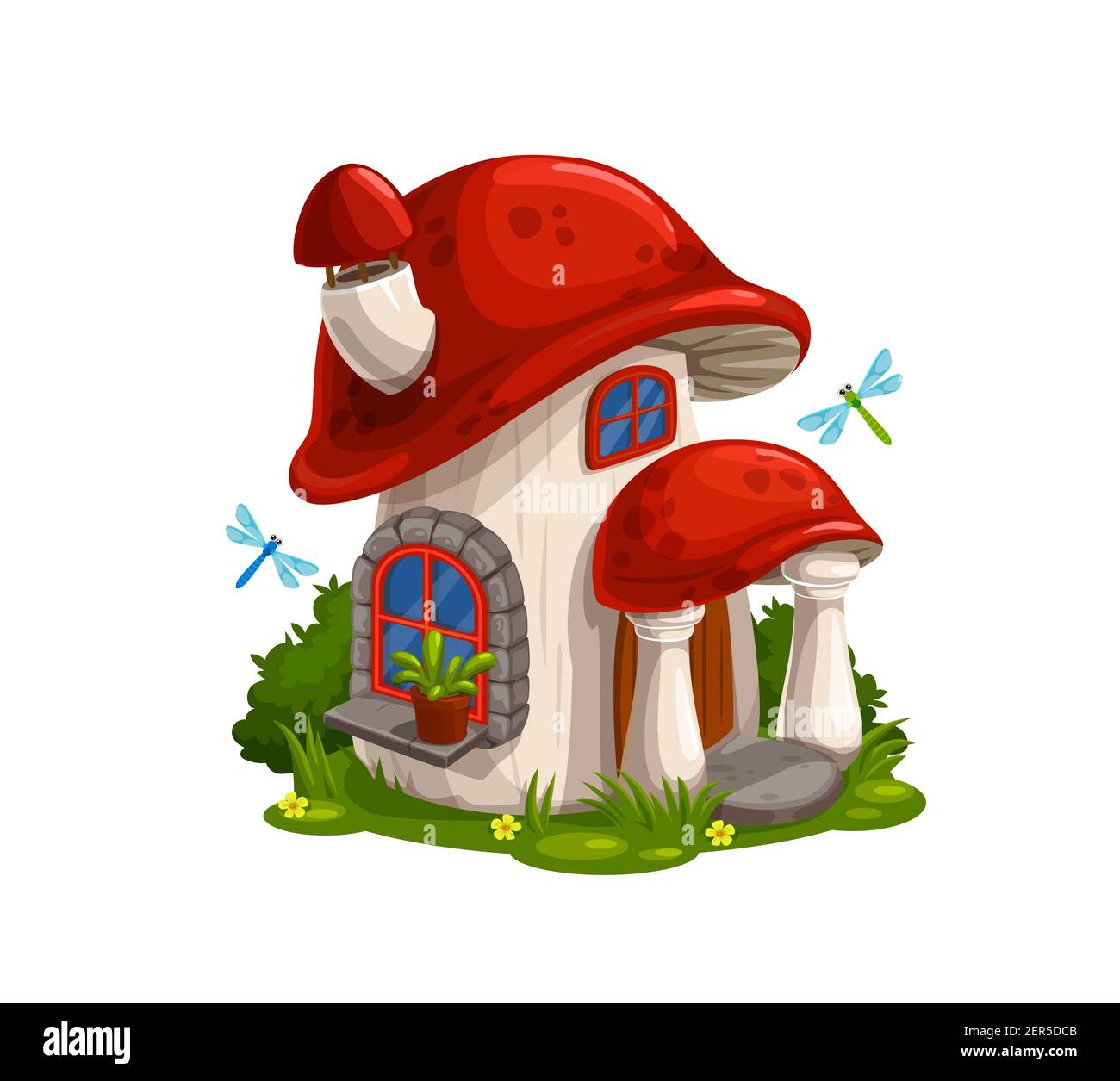 GNOME, maison de conte de fées nain ou hutte en vecteur de dessin animé de champignons. Maison magique de créature fée avec cheminée sur toit rouge, verrière sur porche en pierre, pot de fleurs Illustration de Vecteur