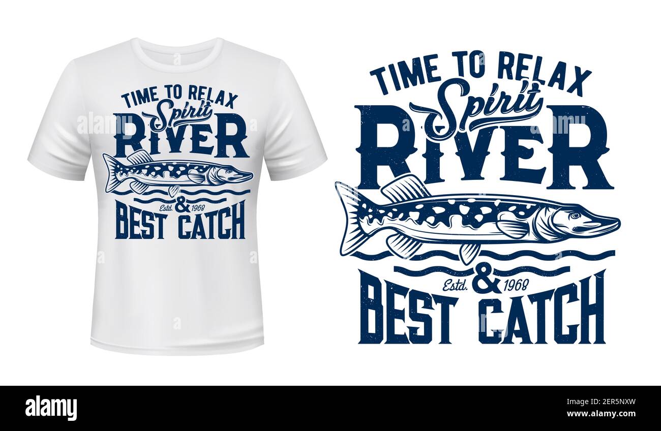 Maquette de t-shirt à imprimé vectoriel Pike Fish. Grand brochet, poissons carnivores d'eau douce des rivières et des lacs, vagues et typographie rétro. Vêtements de pêcheur, recr Illustration de Vecteur Maquette de t-shirt à imprimé vectoriel Pike Fish. Grand brochet, poissons carnivores d'eau douce des rivières et des lacs, vagues et typographie rétro. Vêtements de pêcheur, recr Illustration de Vecteur