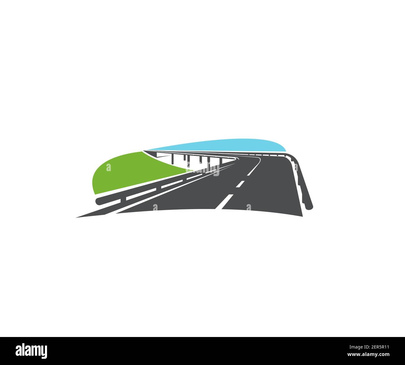 Virage sur route asphaltée, autoroute rapide avec icône de pont. Circuit de course moderne, allée de transport avec deux routes et guardrails Vector. Transport an Illustration de Vecteur