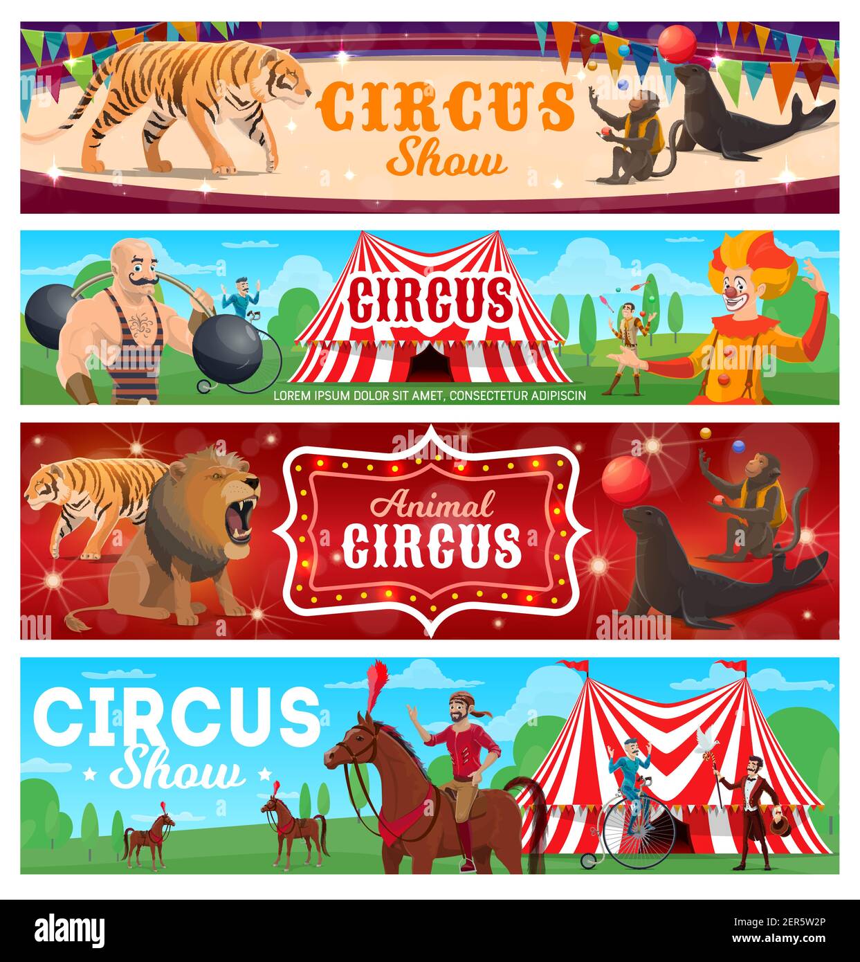 Bannières vectorielles des artistes du spectacle de cirque. Homme fort, clown et jongleur, animaux sauvages, cycliste rétro et personnages de cavaliers sur la grande arène. Carto Illustration de Vecteur