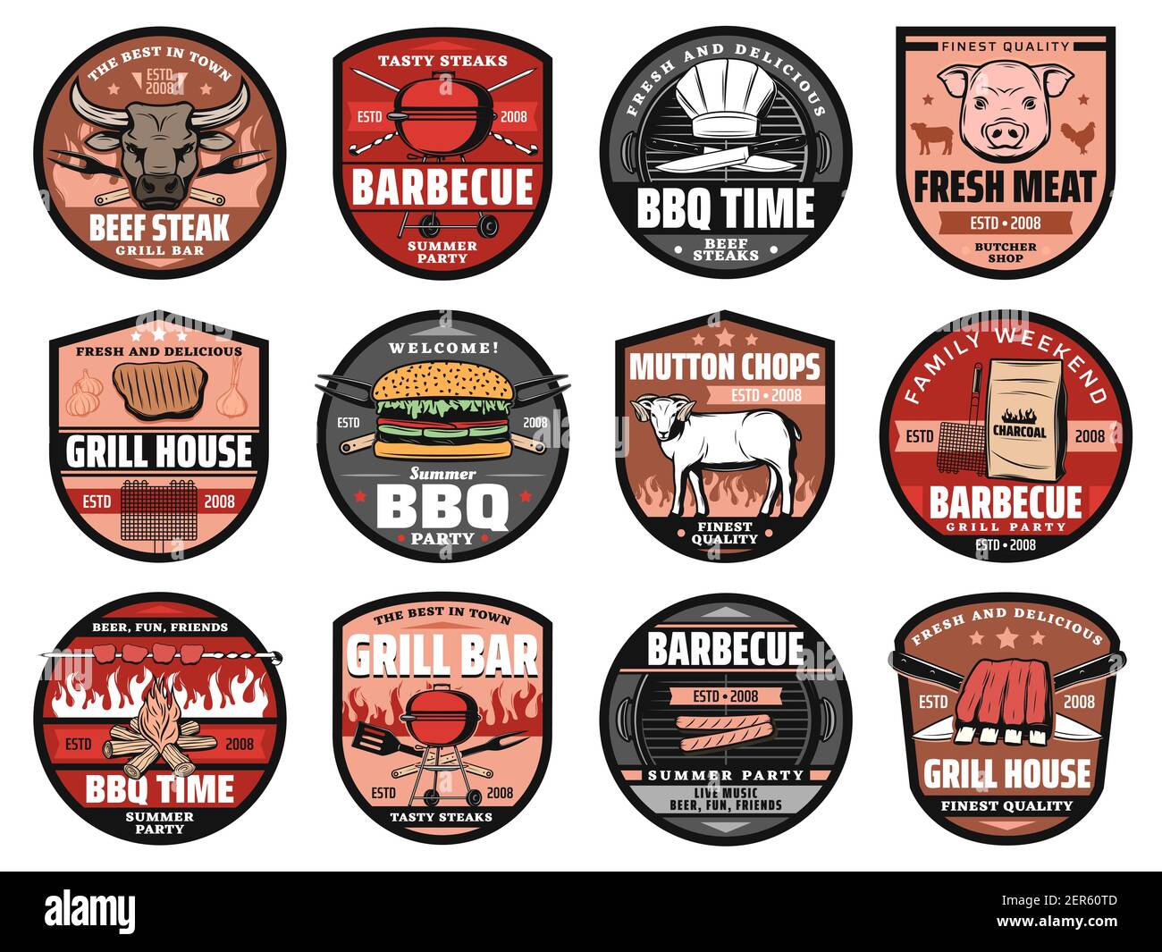 Barbecue, bar grill et pique-nique hamburgers vecteur icônes de feu de charbon de bois. Cheeseburger au barbecue, saucisse et steak de viande de porc, mouton et bœuf Illustration de Vecteur