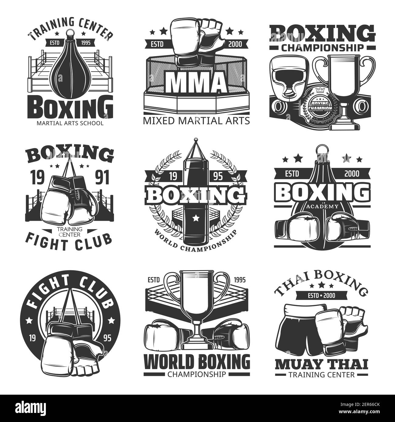 Boxe muay thai simple combat les icônes vectorielles. Thaïlande kickboxing arts martiaux et sport de combat, muay thai boxers club et centre d'entraînement, champion Illustration de Vecteur