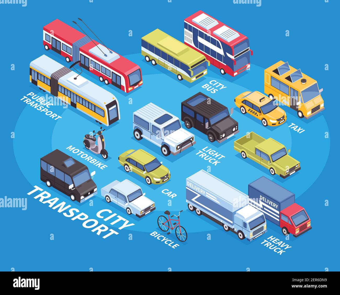 Info-graphiques isométriques de transport urbain avec car-camion de taxi à vélo moto sur fond bleu illustration du vecteur 3d Illustration de Vecteur