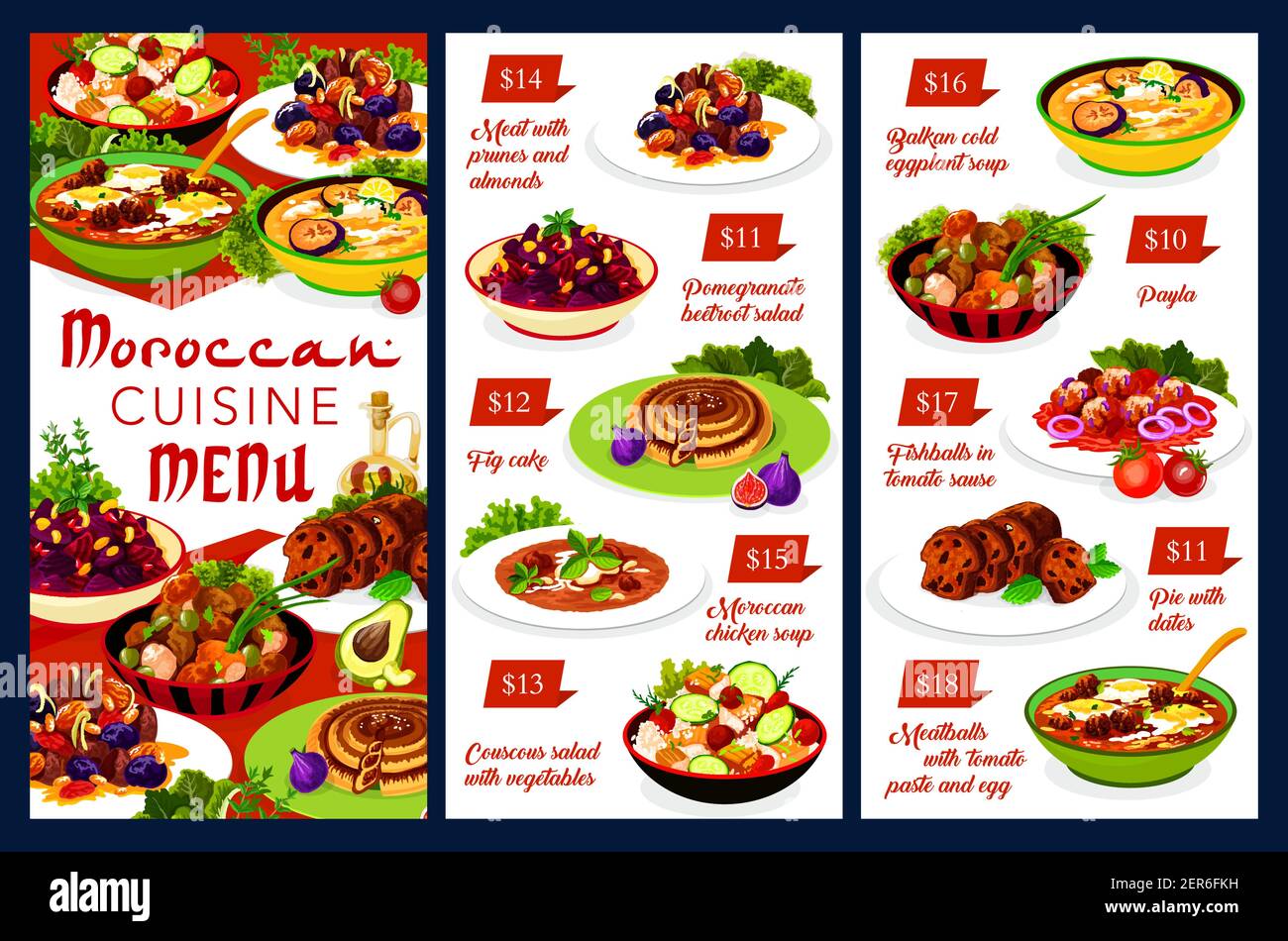 Menu vectoriel marocain, gâteau aux figues, soupe de poulet, salade de couscous avec légumes. Soupe froide d'aubergines des Balkans, payla et tarte aux dattes, meatba Illustration de Vecteur