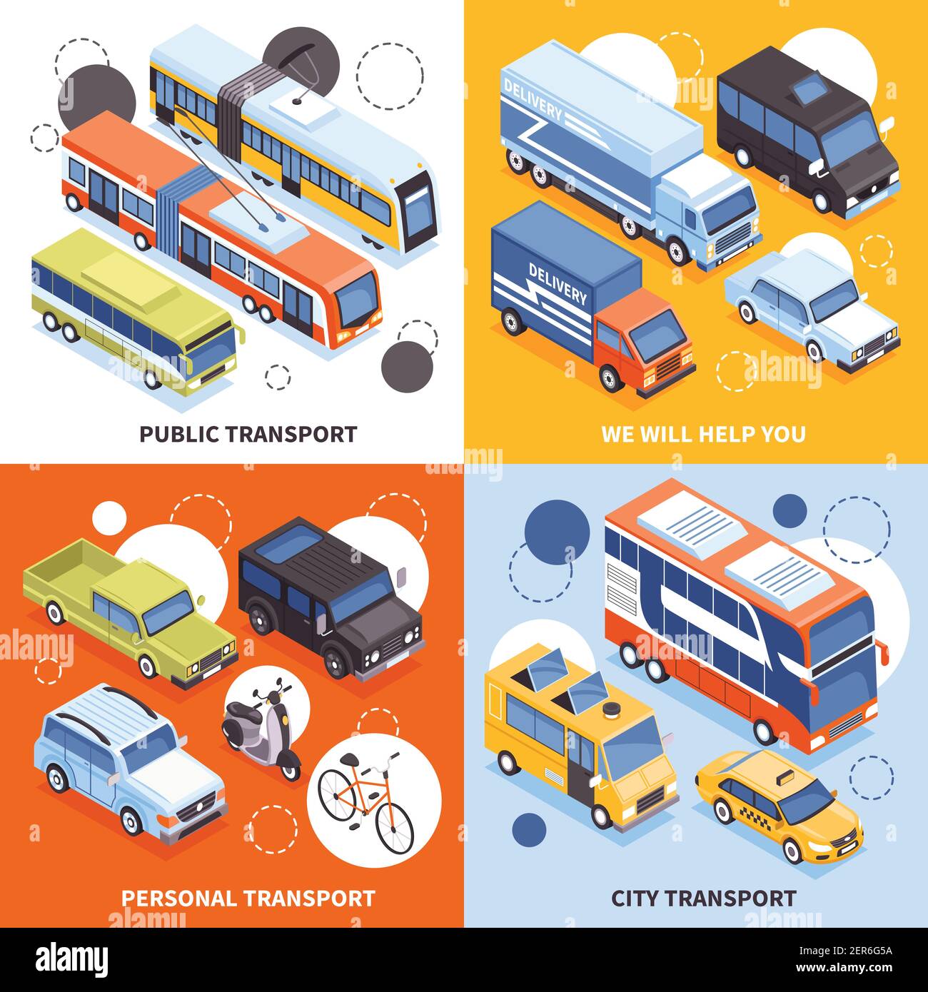 Transports publics, transporteurs urbains, véhicules personnels, camions pour la livraison de fret concept isométrique illustration vectorielle isolée Illustration de Vecteur