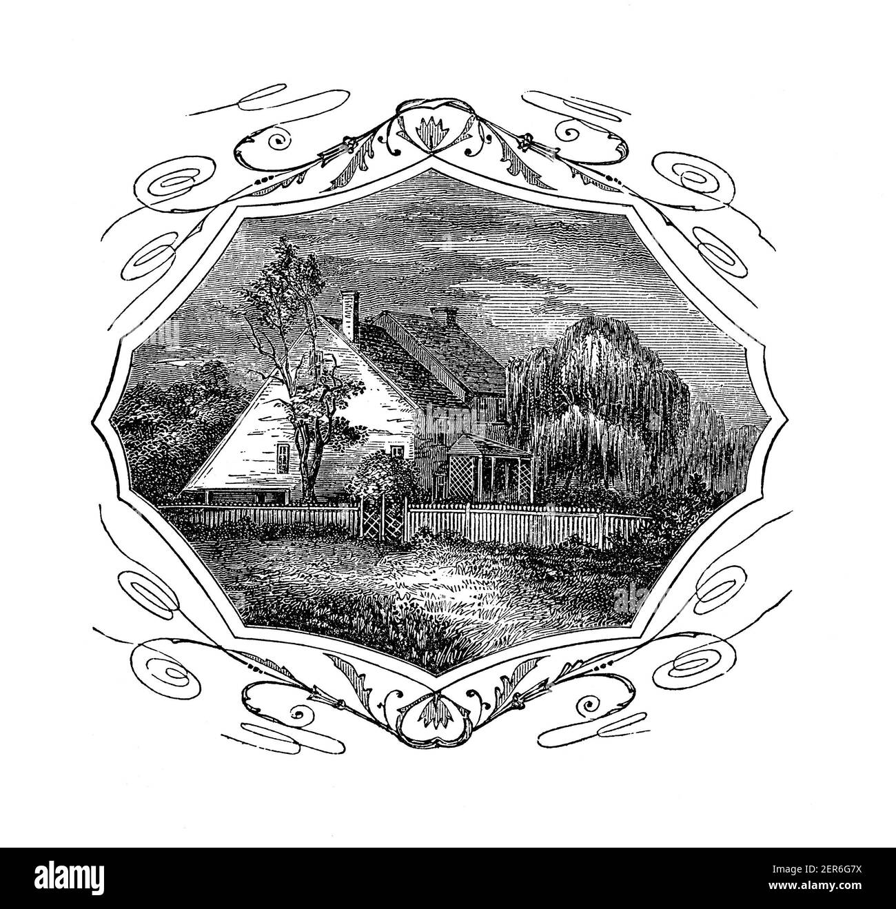 Illustration antique du quartier général de l'armée continentale pendant la guerre d'indépendance américaine à Brandywine, État américain de la Nouvelle-Pennsylvanie. Banque D'Images