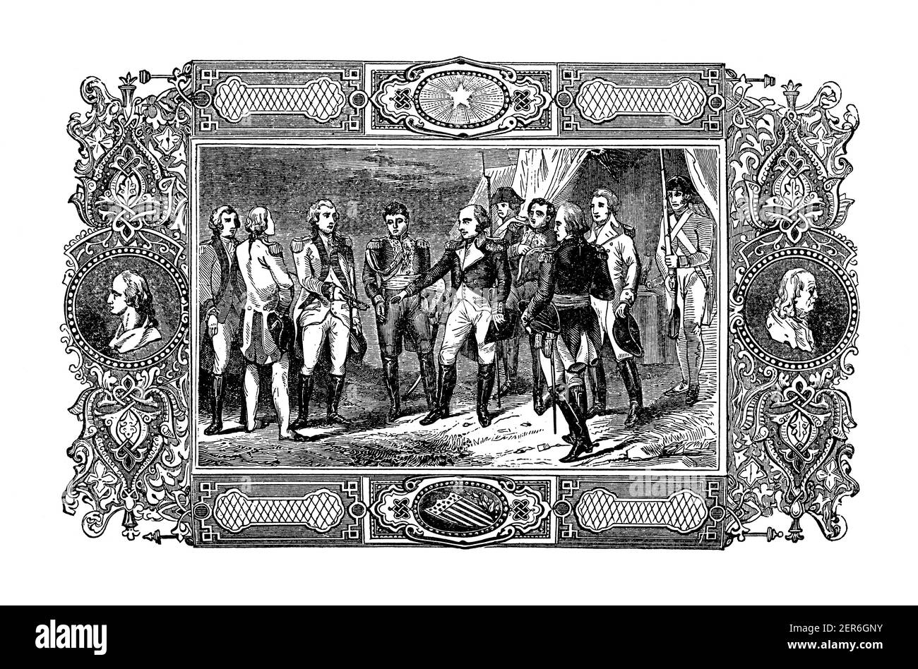 Illustration antique de la capitulation du général Charles Cornwallis dans le siège de Yorktown le 19 octobre 1781. Gravure publiée dans le Pictorial Banque D'Images