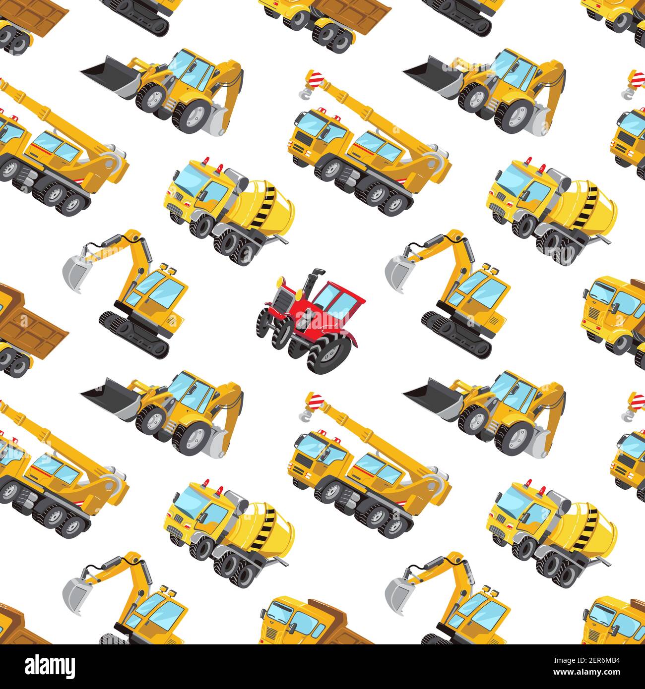 Motif sans couture avec panneaux de signalisation jaune pour les camions, les voitures et les routes. Tracteur rouge, pelle hydraulique, machine Digger, machines de construction, mélangeur de béton. Illustration de Vecteur