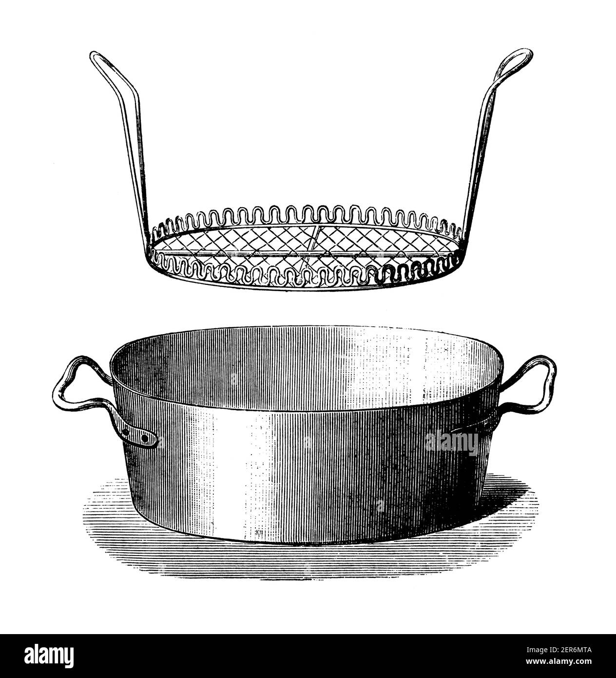 Illustration ancienne d'un moule à copeaux avec panier. Publié dans le livre de cuisine, par Jules Goufe, Librarie Hachette et Cie (Paris, 1874). Banque D'Images