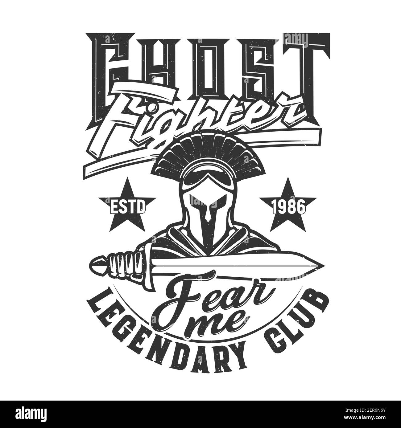 Imprimé t-shirt avec épée de maintien gladiateur, mascotte vectorielle pour club de combat. Vêtements avec chevalier romain ou grec. Brasure ou guerrier dans casque W Illustration de Vecteur