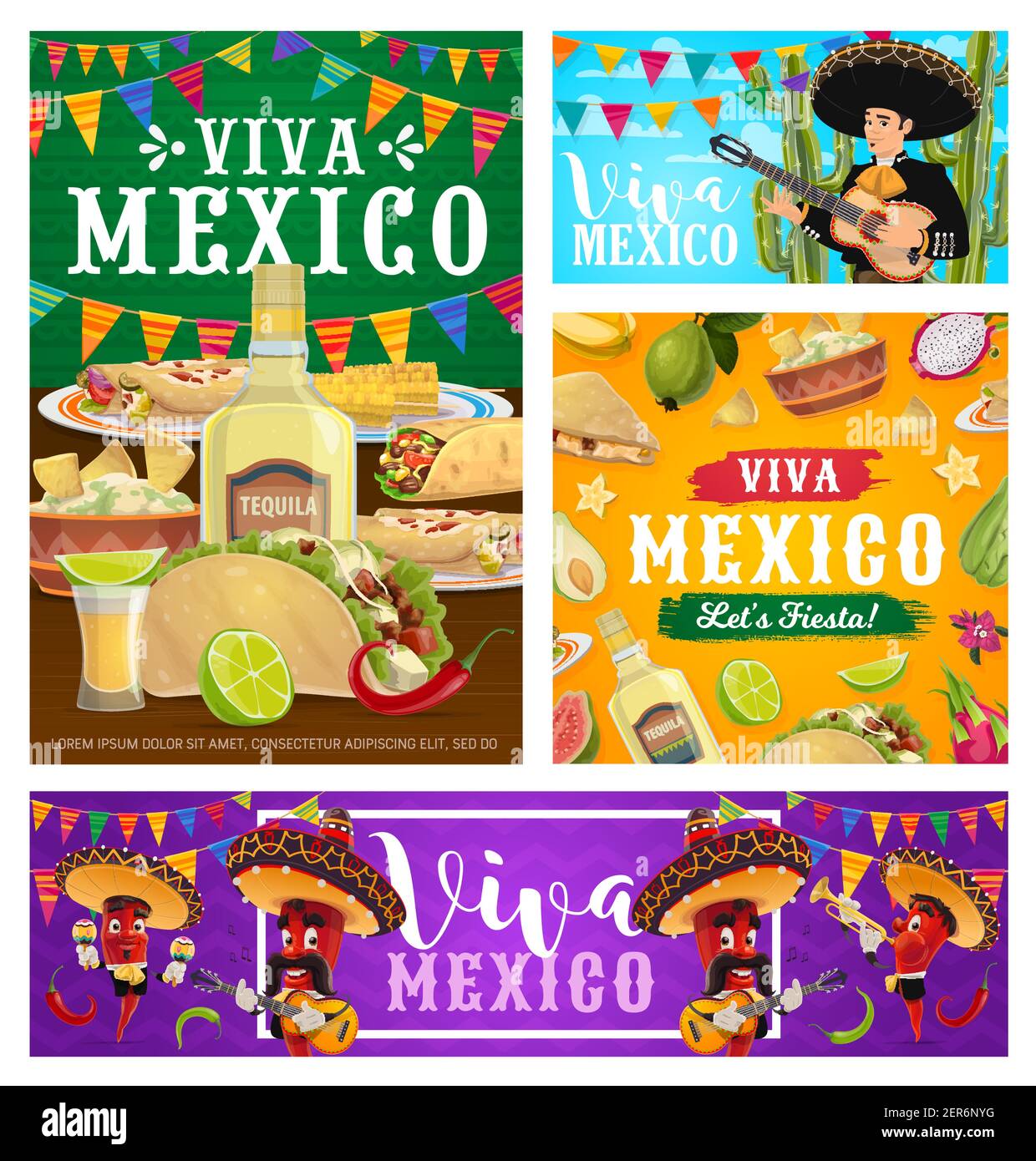 Banderoles vectorielles Viva Mexico avec musiciens de fête de la nourriture, des boissons et du poivre. Personnages mexicains mariachi avec chapeaux sombrero, maracas et guitare, rouge Illustration de Vecteur