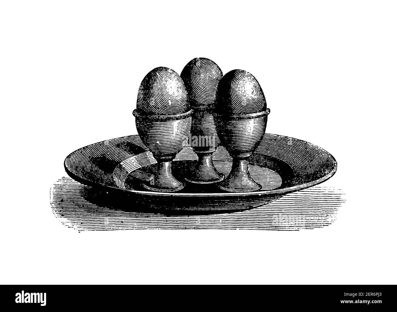 Illustration ancienne d'œufs durs dans des coquetiers. Publié dans le livre de cuisine, par Jules Goufe, Librarie Hachette et Cie (Paris, 1874). Banque D'Images