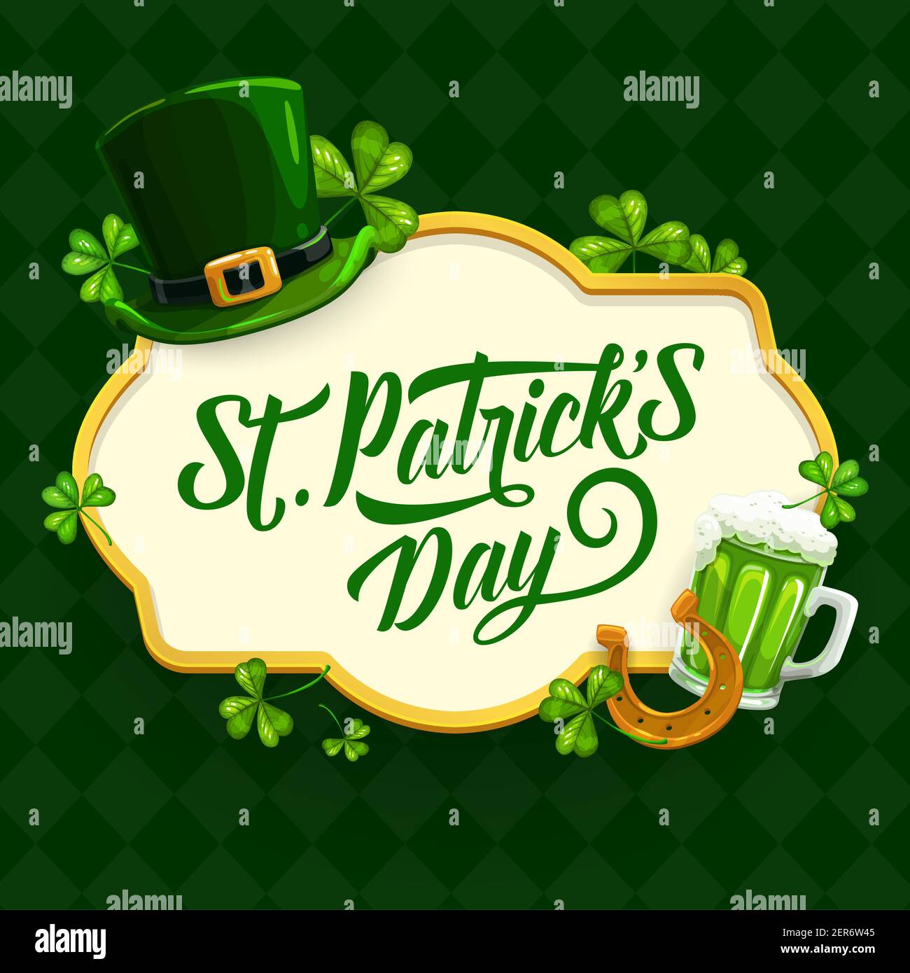 Affiche vectorielle de la Saint-Patrick Day avec shamrock, chapeau vert, fer à cheval doré et pinte de l'Irlande autour de lettres sur fond à carreaux. Sa Illustration de Vecteur