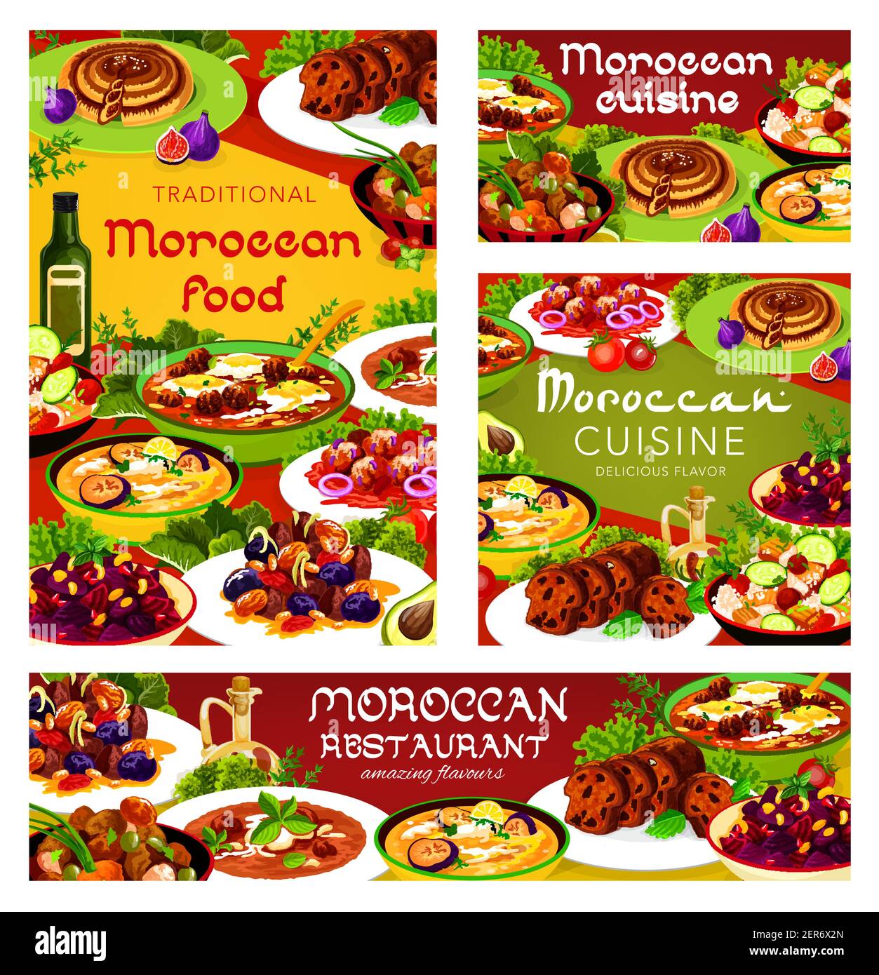 Vecteur Alimentaire Marocain Soupe D Aubergines Froides Des Balkans Viande Aux Pruneaux Et Aux Amandes Salade De Betteraves A La Grenade Gateau A La Fig Couscous Avec Legumes Et Poisson Image Vectorielle Stock