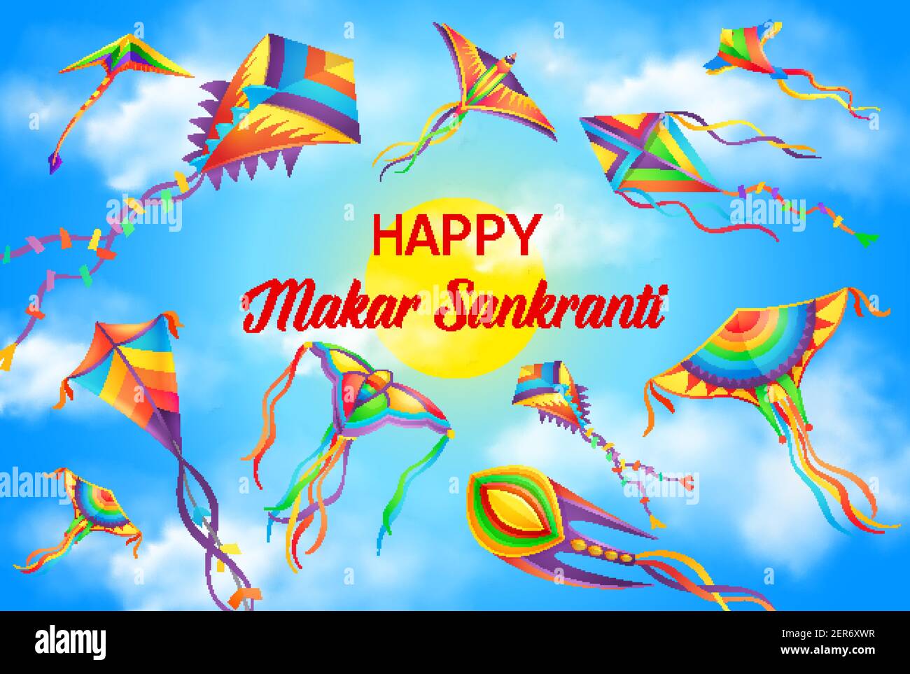 Festival Makar Sankranti, affiche de vacances du calendrier hindou du solstice d'hiver. Fête de la moisson fond de célébration, Inde et Népal hindouisme religion ho Illustration de Vecteur