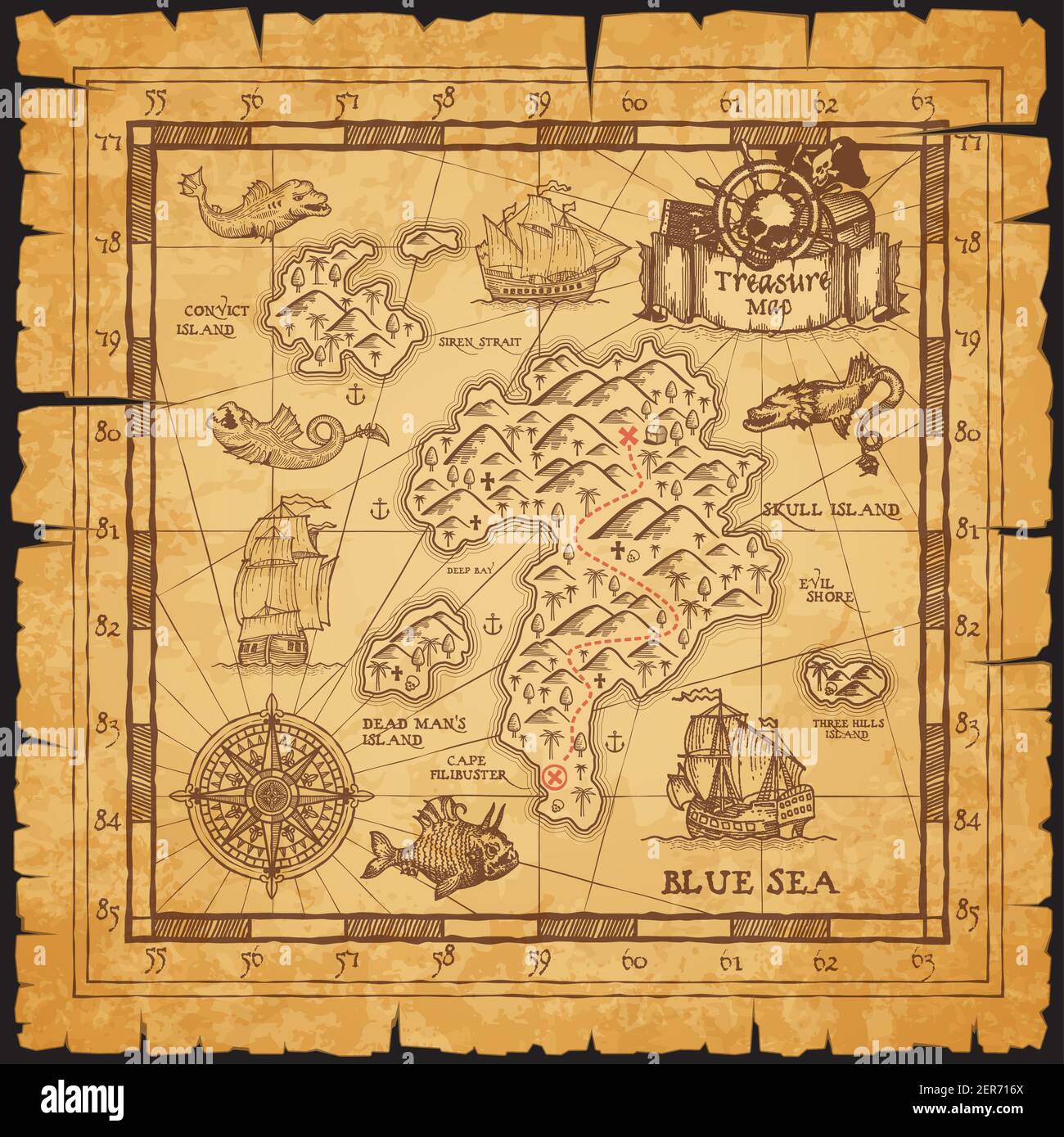 Carte du Trésor pirate du sketch du vecteur de l'île du crâne. Ancienne ...