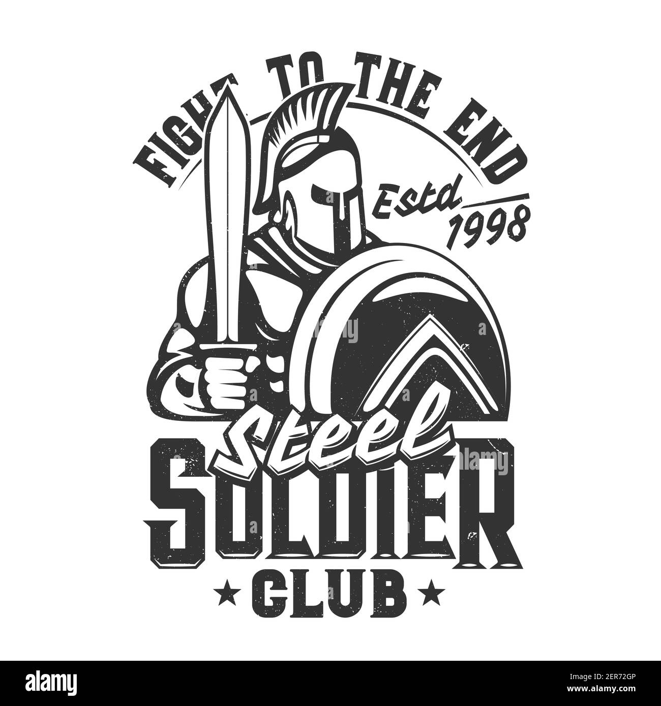 Gladiateur guerrier avec imprimé tshirt d'épée, mascotte de club de combat vectoriel. Vêtements avec chevalier romain ou grec brave dans un casque avec plumage, bouclier an Illustration de Vecteur