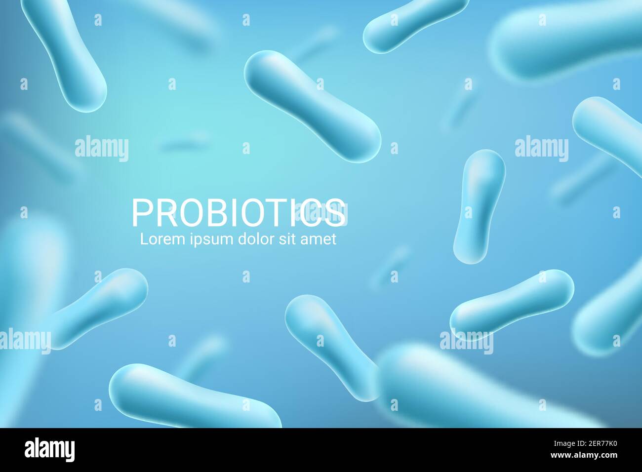 Bactéries probiotiques, lactobacillus acidophilus et bifidobacterium lactis arrière-plan vectoriel 3d. Bacille bleu, bons bactériums et microbes microscopiques Illustration de Vecteur