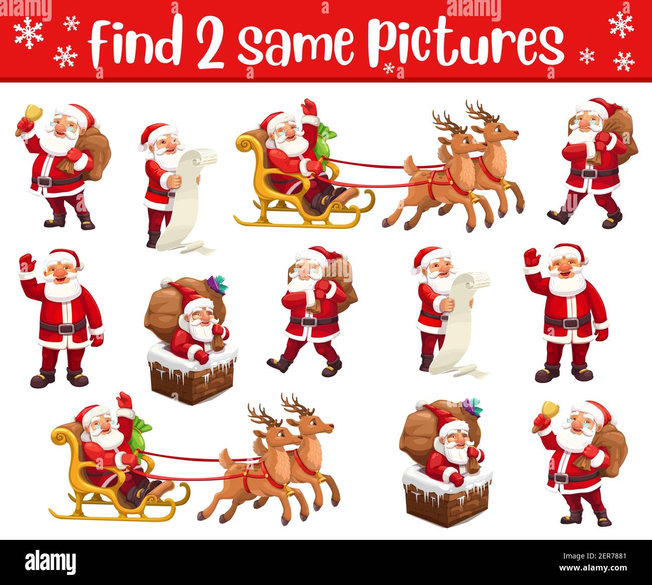 Jeu de Noël assorti aux personnages de Santa. Modèle de vecteur de dessin animé de l'éducation des enfants mémoire puzzle, trouver deux mêmes images du Père Noël avec Illustration de Vecteur