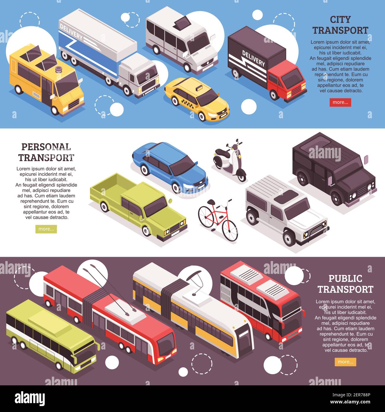 Jeu de bannières isométriques horizontales, de porte-villes, de véhicules personnels et de transports publics, illustration vectorielle isolée Illustration de Vecteur