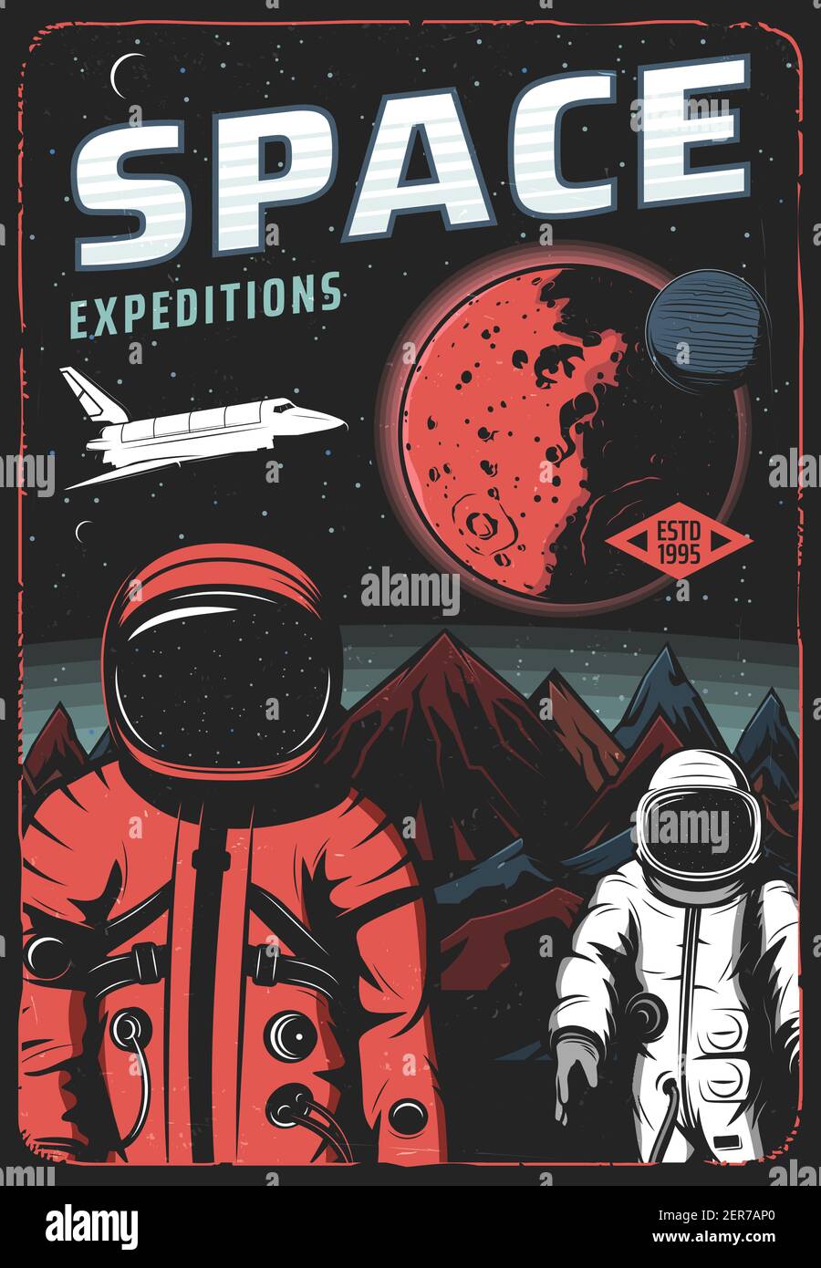 Astronautes à la surface de Mars, affiche de vecteur rétro de l'expédition spatiale. Navette et vaisseau spatial sur la planète extraterrestre rouge dans le cosmos. Mission de colonisation de l'univers, e Illustration de Vecteur
