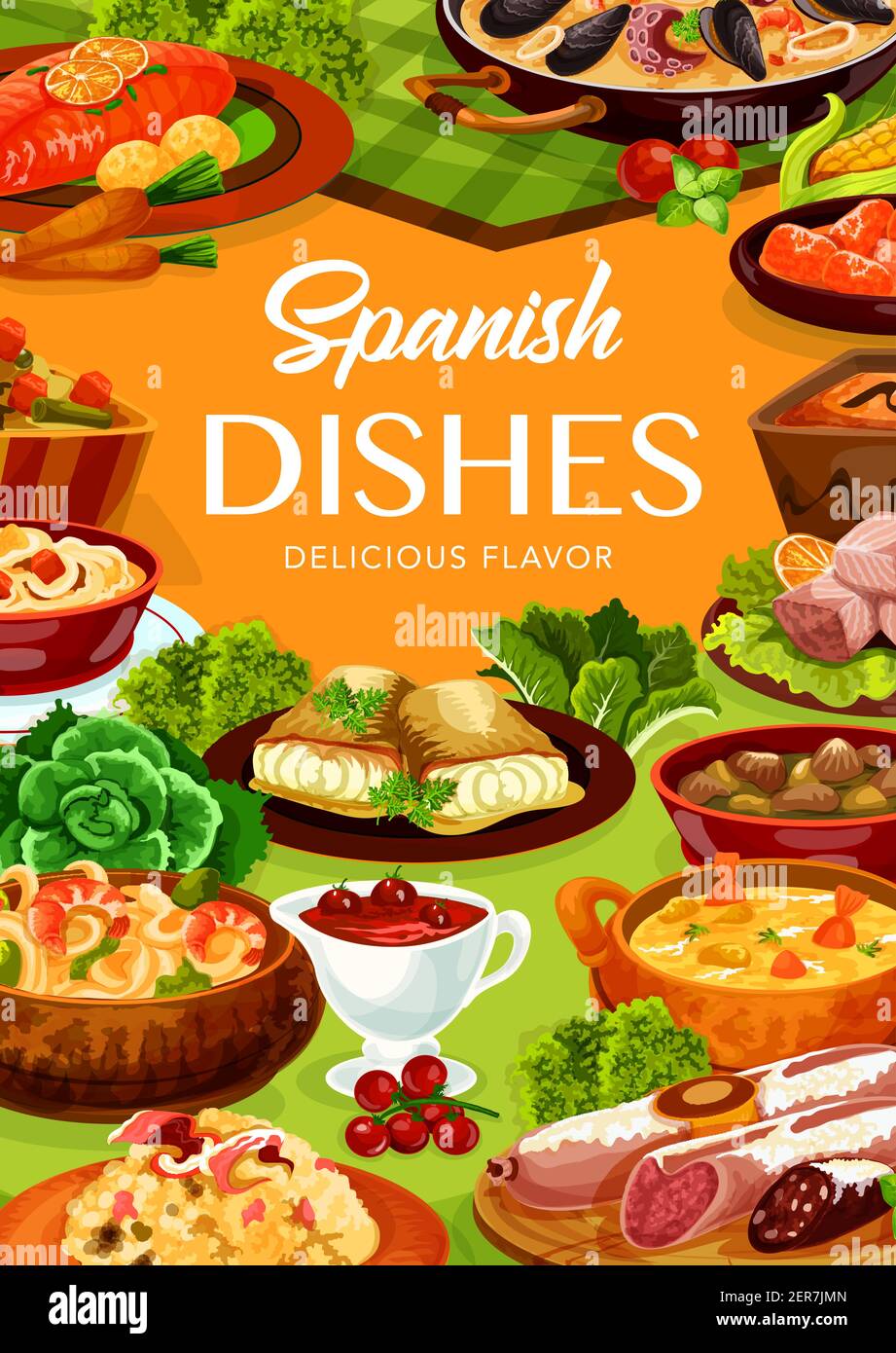 Menu de cuisine espagnole, tapas et paella avec fruits de mer et