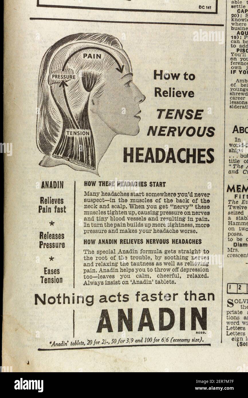 Publicité pour Anadin (aspirine) comprimés de soulagement de douleur dans le journal Evening News (jeudi 13 juin 1963), Londres, Royaume-Uni. Banque D'Images
