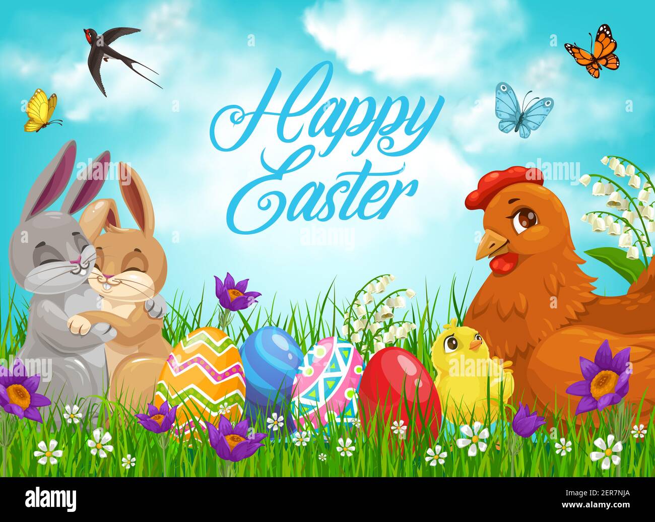 Lapins et poussins de Pâques avec œufs, vacances de religion vectorielle. Lapins et poulets de Pâques avec œufs peints sur le champ de printemps avec des lames d'herbe vertes, c Illustration de Vecteur